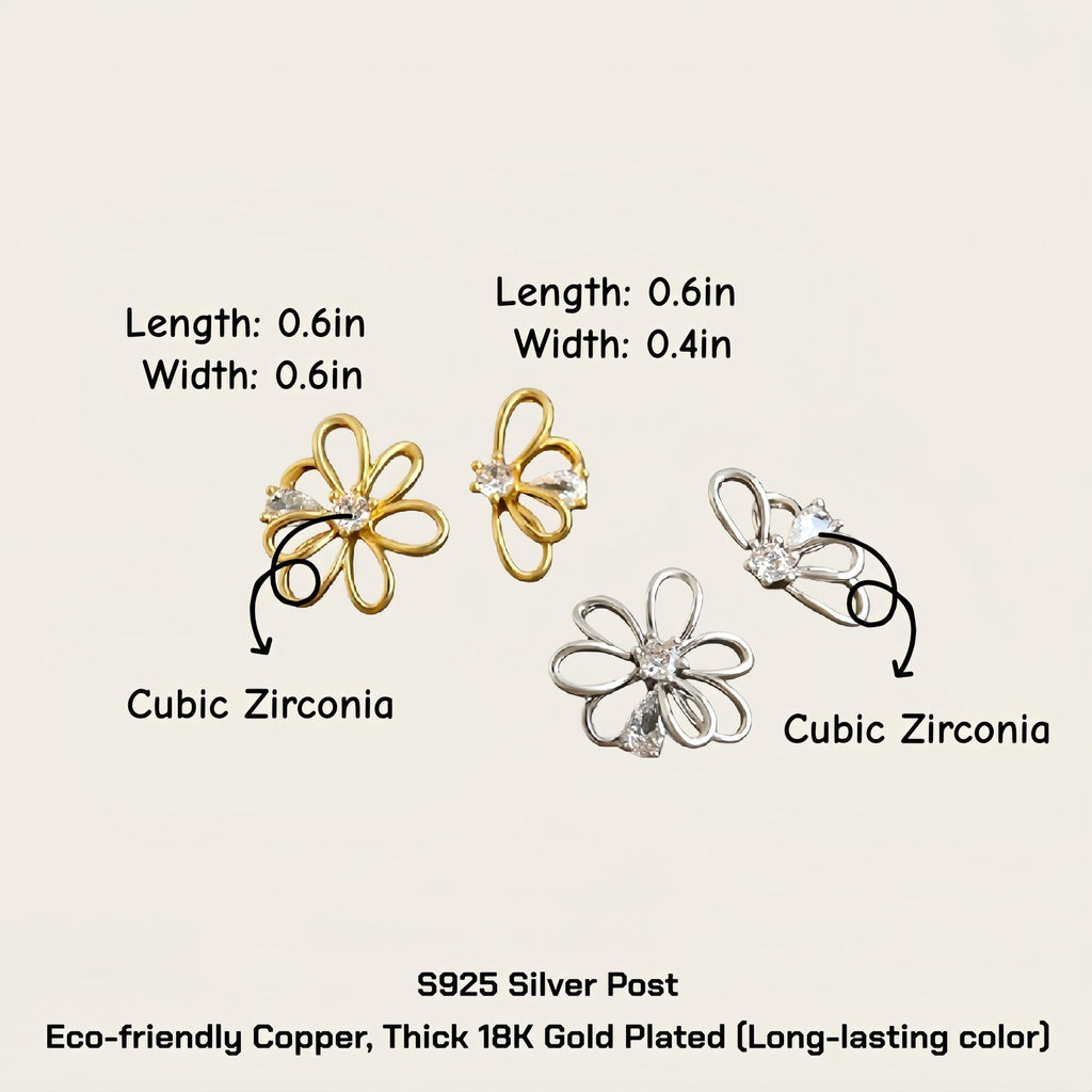 Petal Whisper Asymmetrical Flower Earrings – 18K Gold or Silver Plated with Zircon