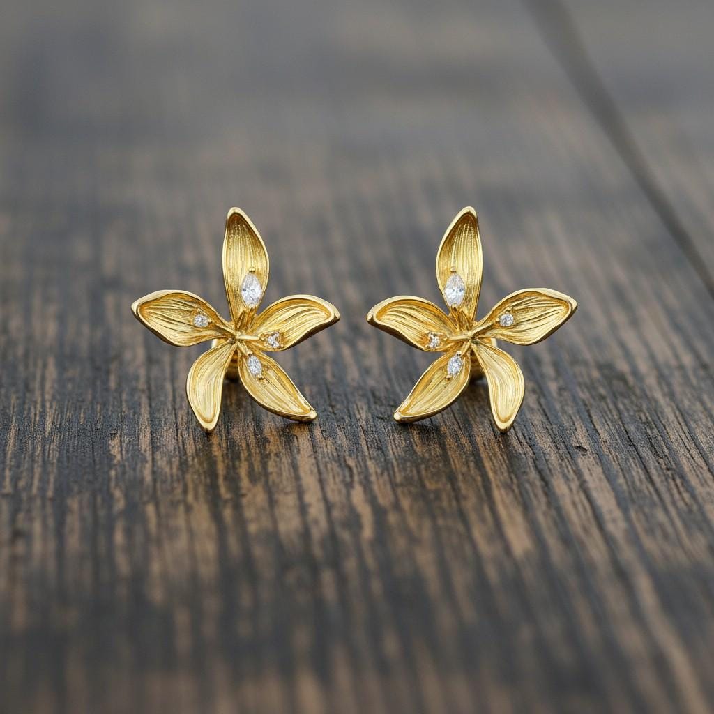 Morning Bloom Gold Flower Stud Earrings – 18K Gold Plated Floral Earrings, CZ Dew Drop Earrings