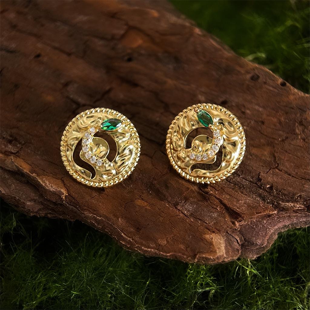 Emerald Serpent Earrings – Gold Plated Snake Earrings with Green Zircon
