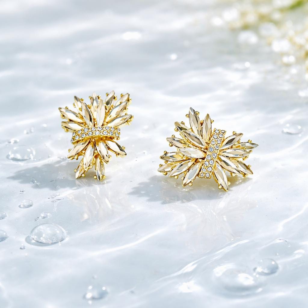 French Vintage Crystal Flower Earrings – Champagne & Clear Ice Bloom Statement Studs