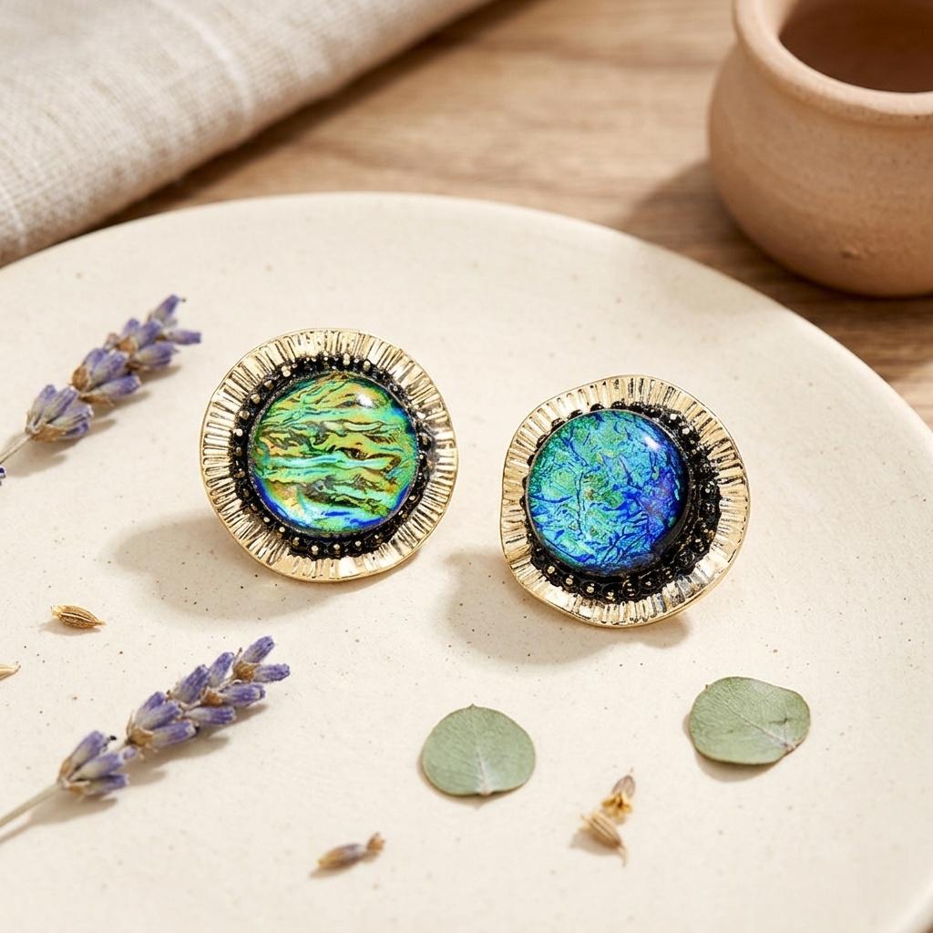 Vintage Gold Foil Glass Stud Earrings – Round Art Glass Statement Earrings