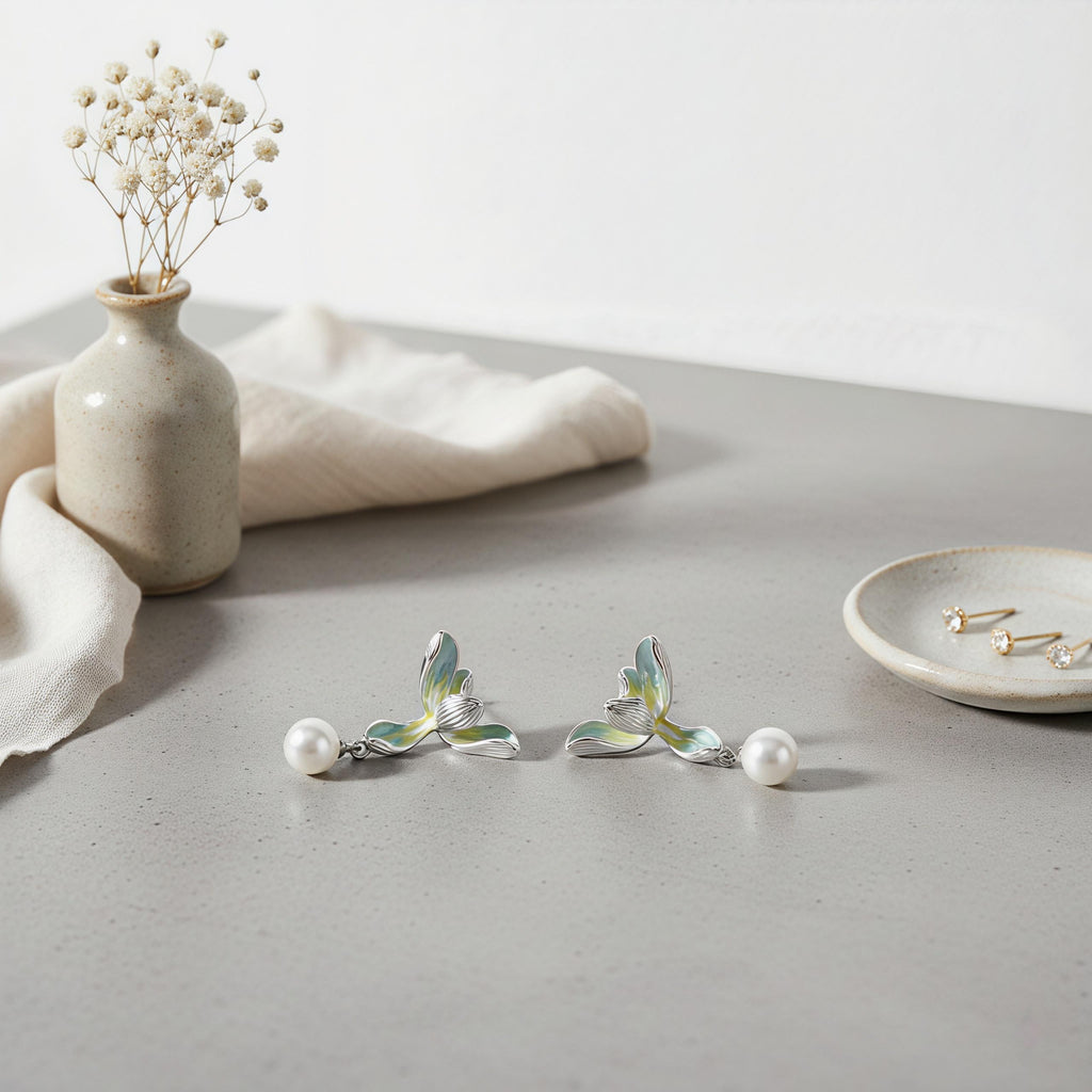 Gradient Green Orchid Dangle Earrings – Enamel Flower Earrings with Pearl Drops