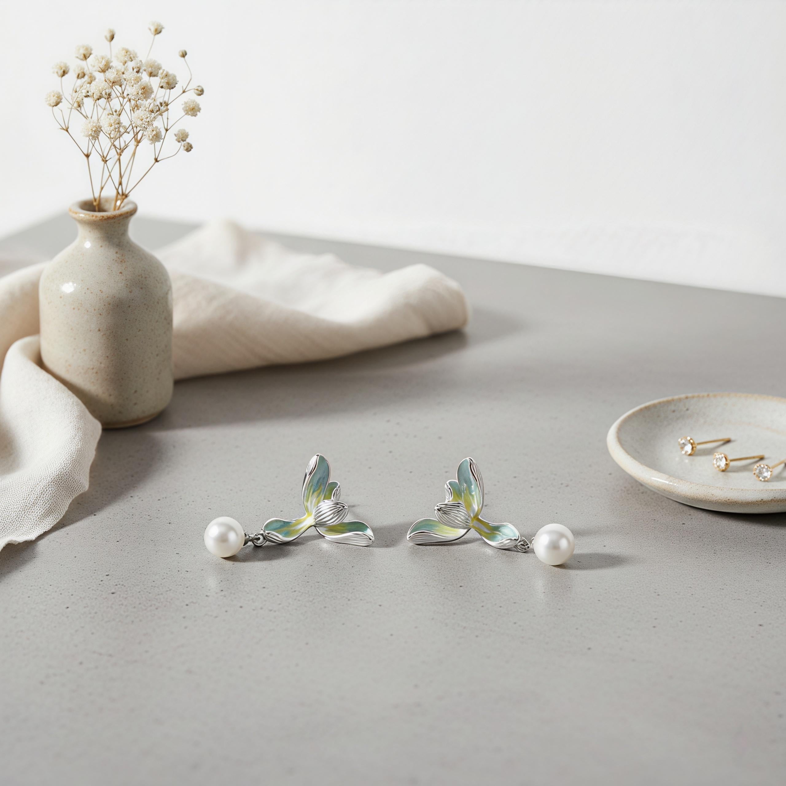 Gradient Green Orchid Dangle Earrings – Enamel Flower Earrings with Pearl Drops