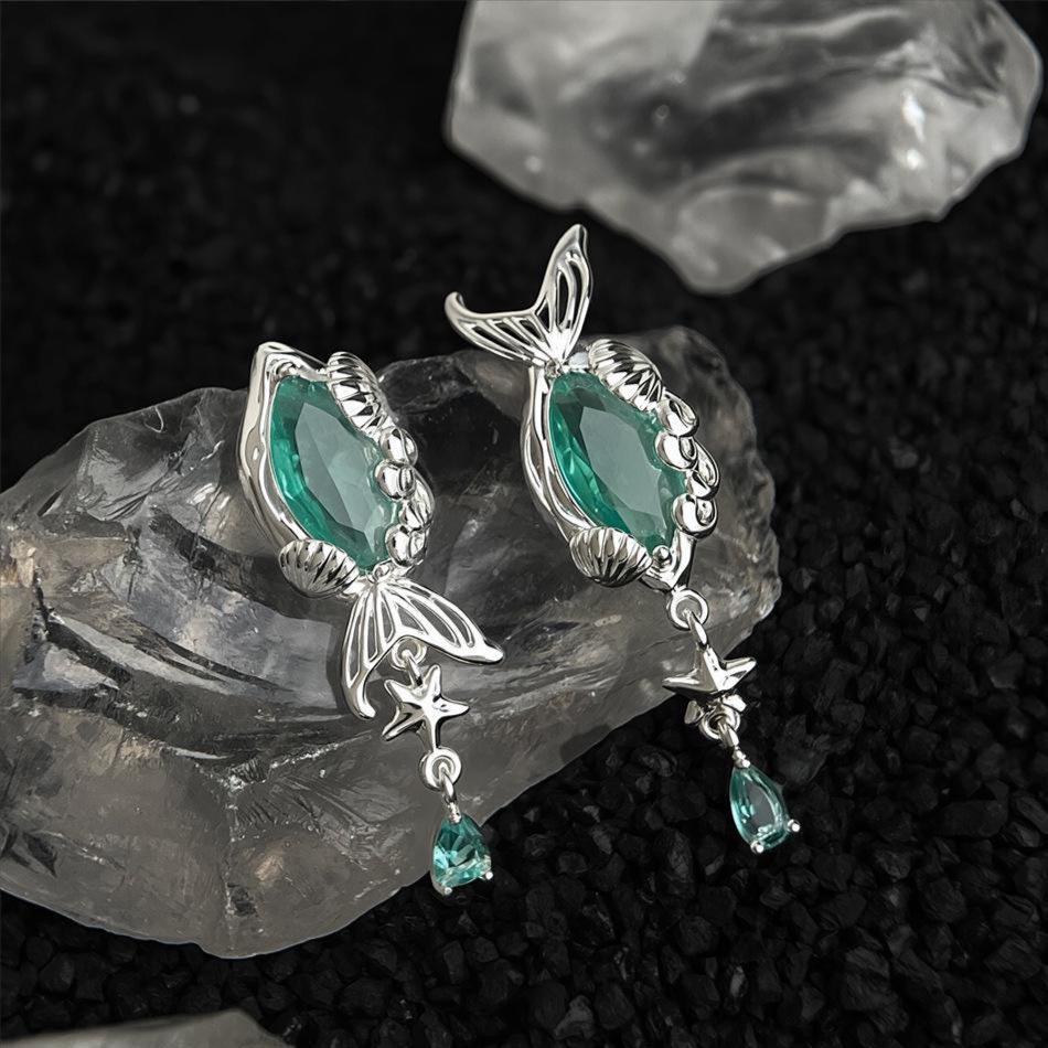 Mermaid Tail Earrings – Ocean-Inspired Fantasy Earrings with Emerald Green Zircon