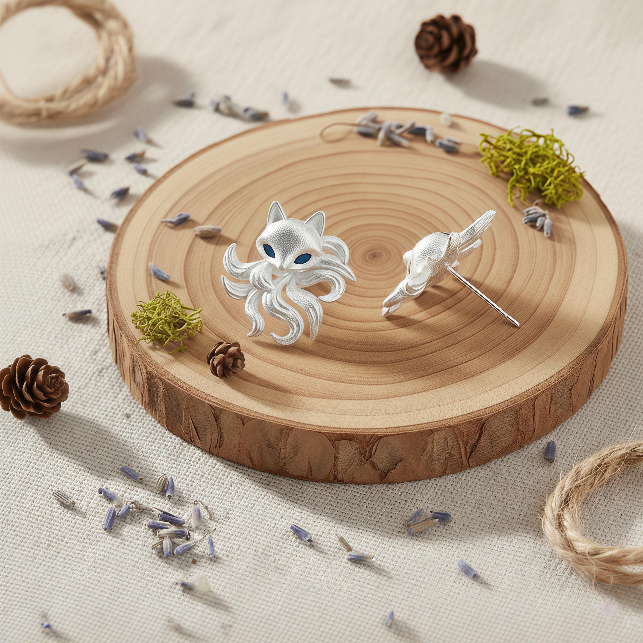 Matte Nine-Tailed Fox Stud Earrings – Silver Fox Earrings with Blue Zircon Eyes