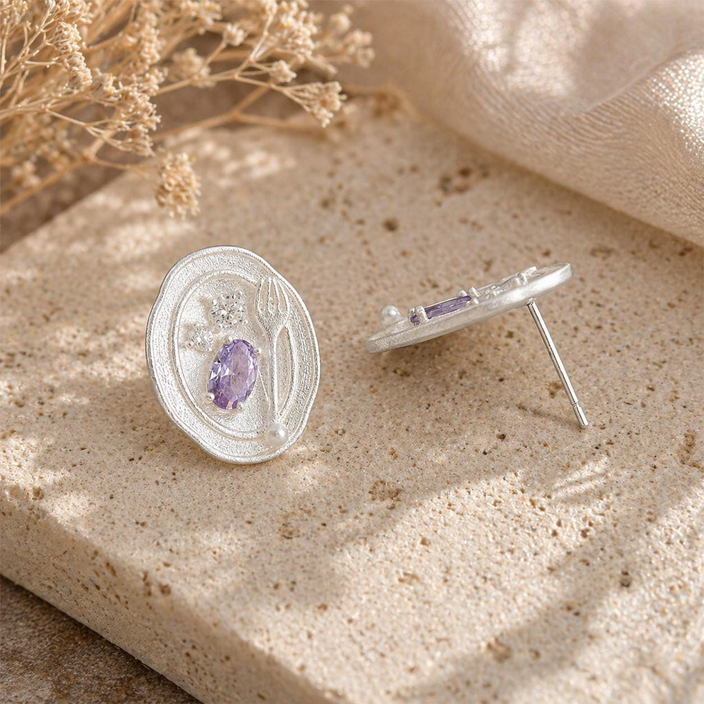 Silver Fork Earrings – Purple Gemstone & Pearl Utensil Stud Earrings