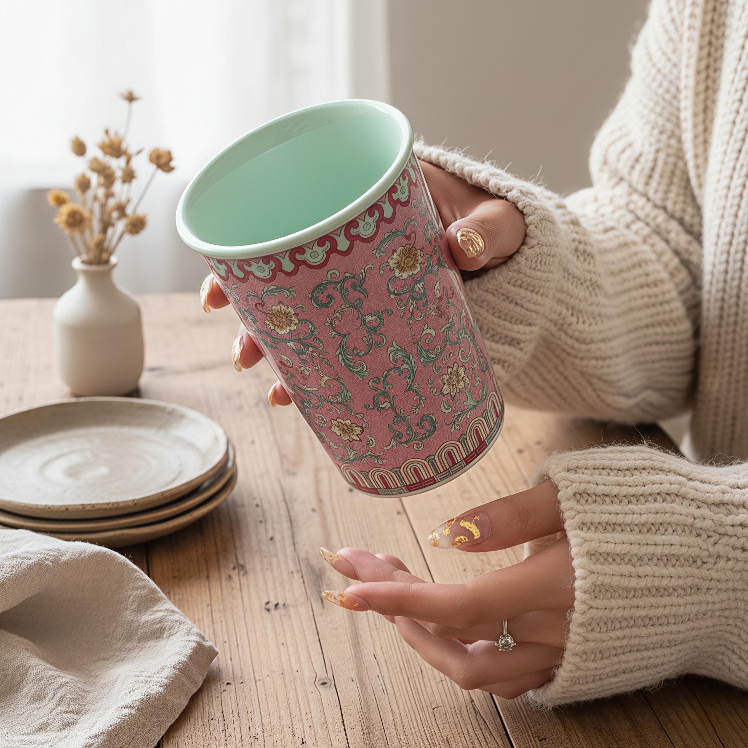 Vintage Famille Rose Ceramic Mug | Chinoiserie Floral Tea Cup