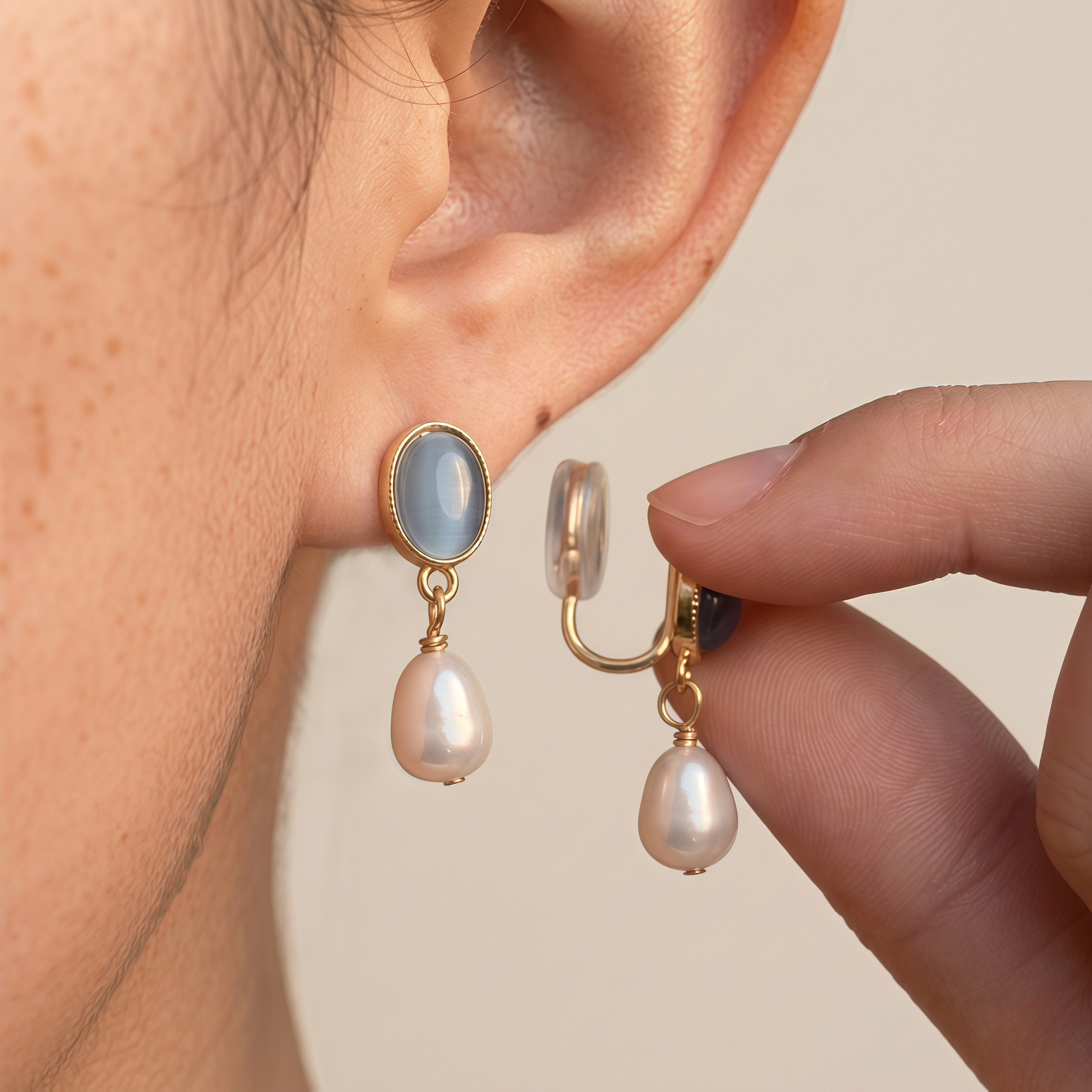 Moonlight Serenade Earrings – Gold Plated Blue Cat’s Eye Glass & Freshwater Pearl Earrings