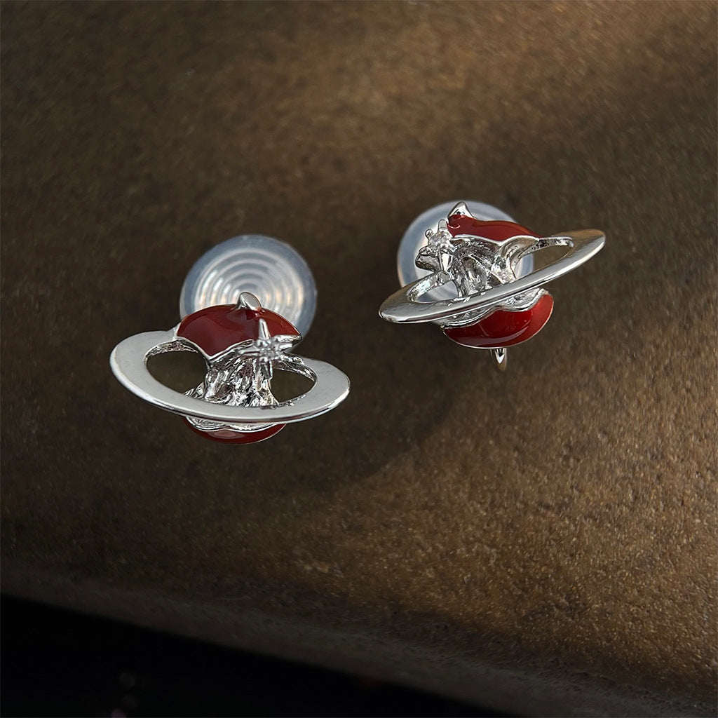 Red Enamel Apple Core Planet Earrings – Surreal Orbit Stud Earrings with CZ
