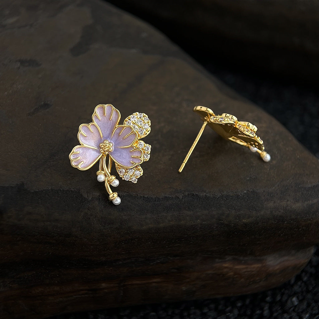 Hand-Enameled Lilac Earrings – Floral Pearl Drop Earrings