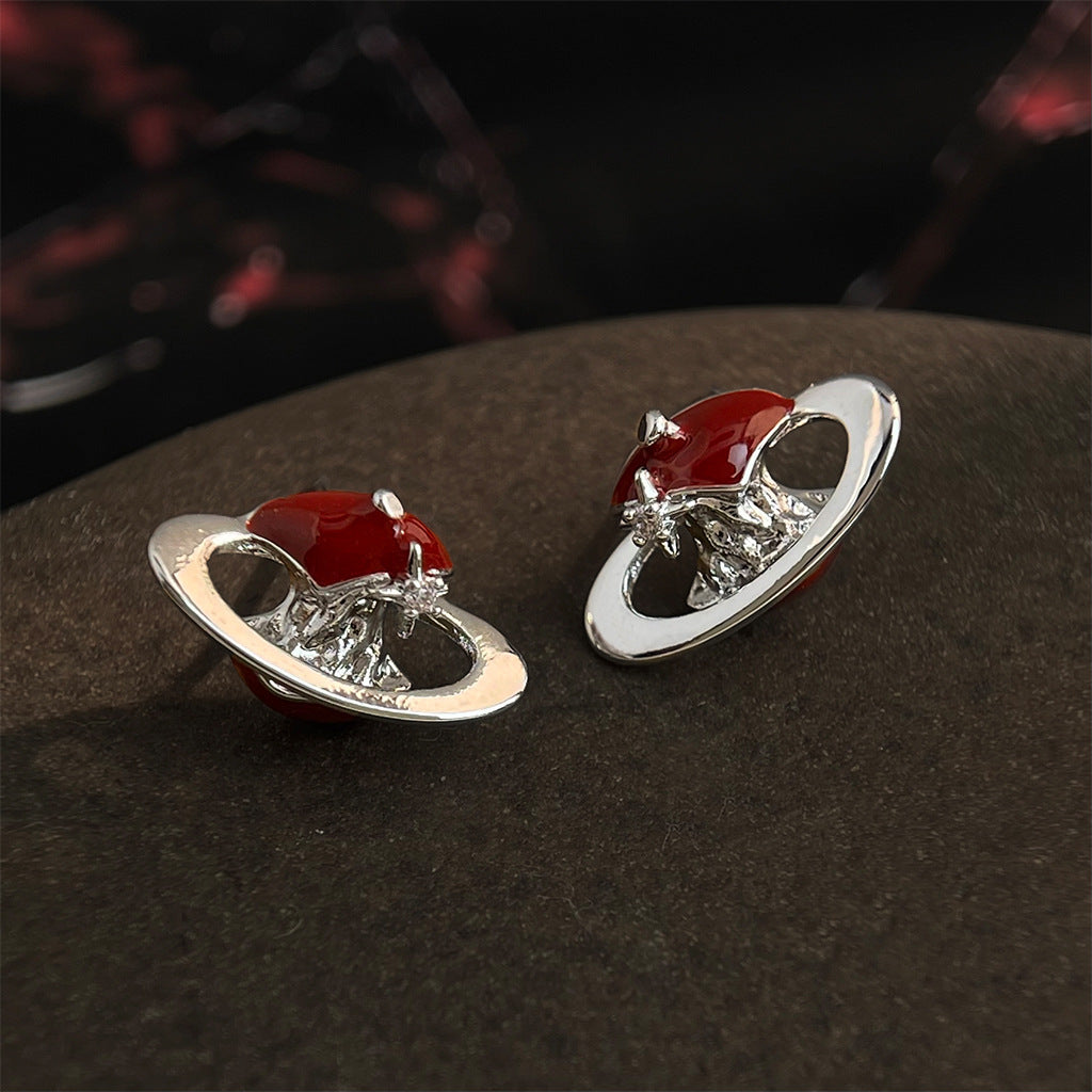 Red Enamel Apple Core Planet Earrings – Surreal Orbit Stud Earrings with CZ