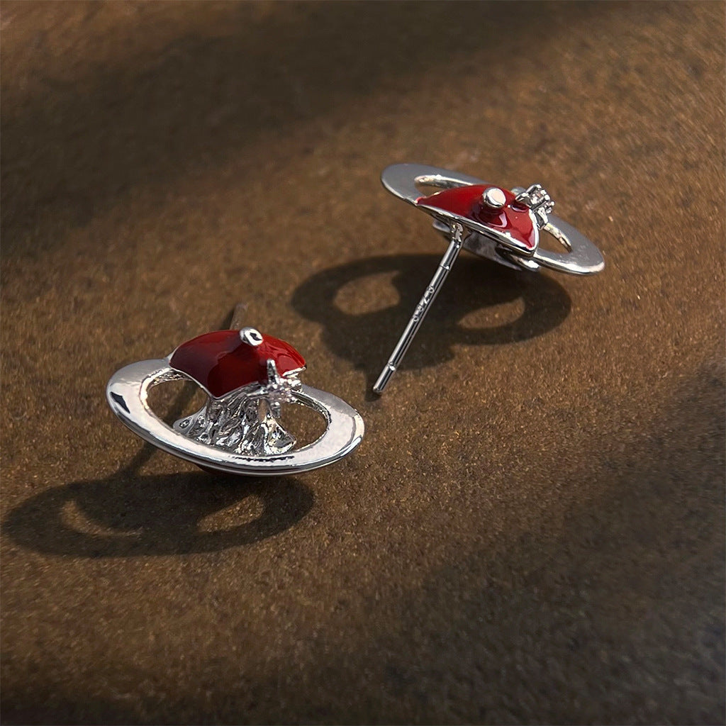 Red Enamel Apple Core Planet Earrings – Surreal Orbit Stud Earrings with CZ