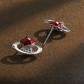 Red Enamel Apple Core Planet Earrings – Surreal Orbit Stud Earrings with CZ