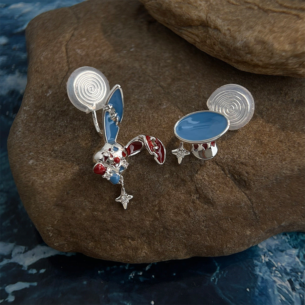 Mad Hatter Wonderland Earrings | Asymmetrical Red & Blue Enamel Studs | Rabbit and Hat Design