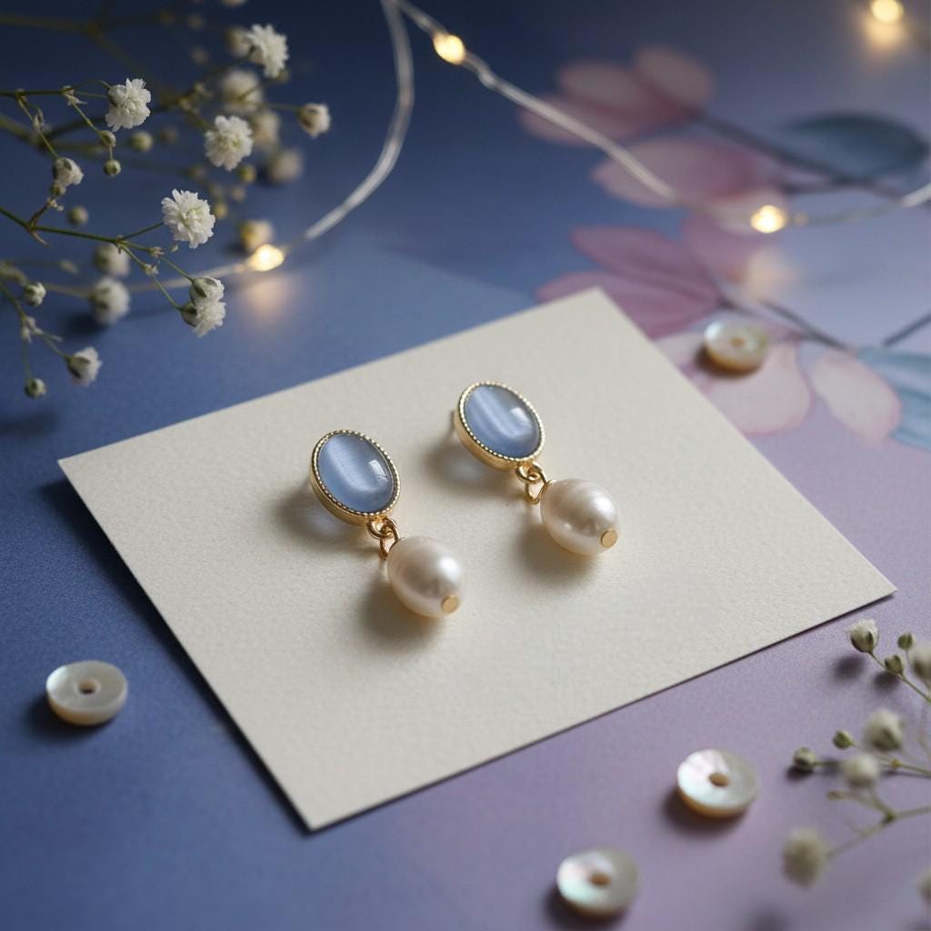 Moonlight Serenade Earrings – Gold Plated Blue Cat’s Eye Glass & Freshwater Pearl Earrings