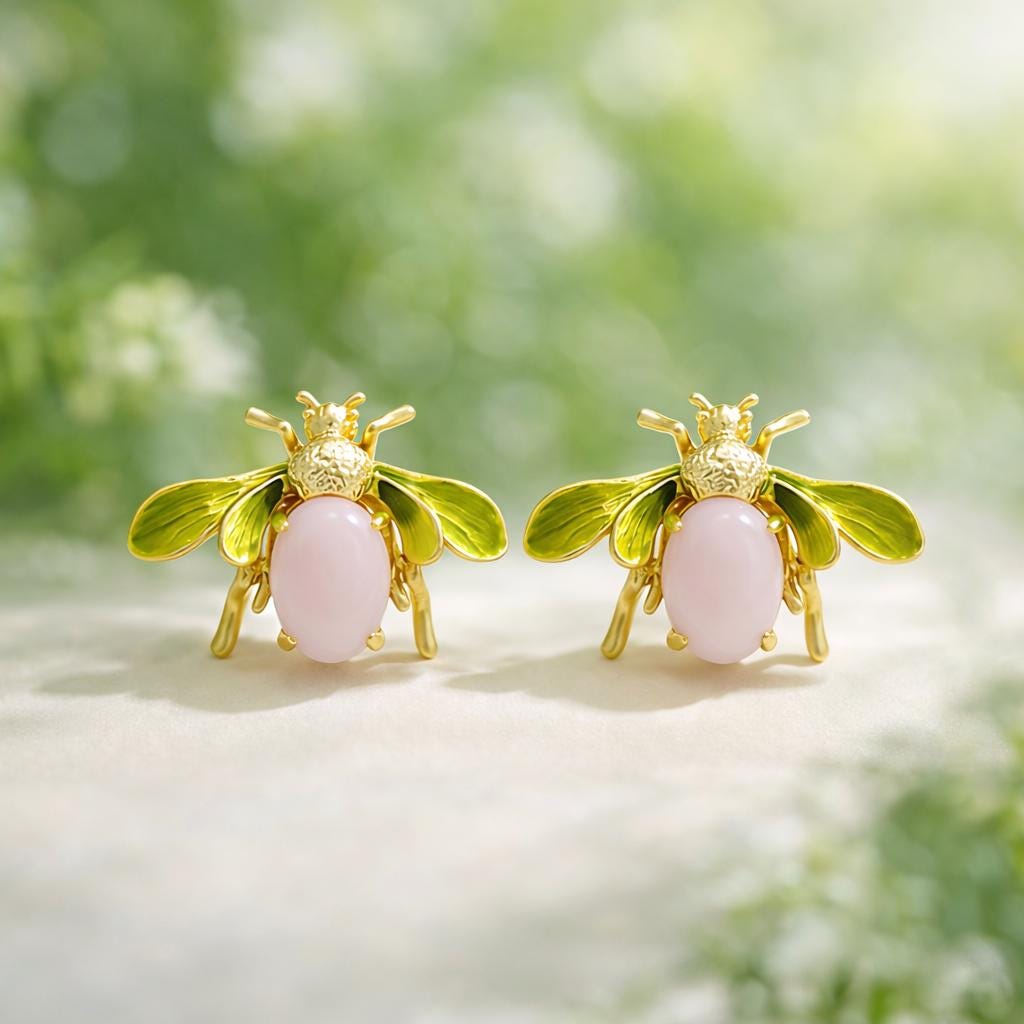 Vintage French Bee Enamel Earrings – Pink & Ivory Glass Statement Stud Earrings