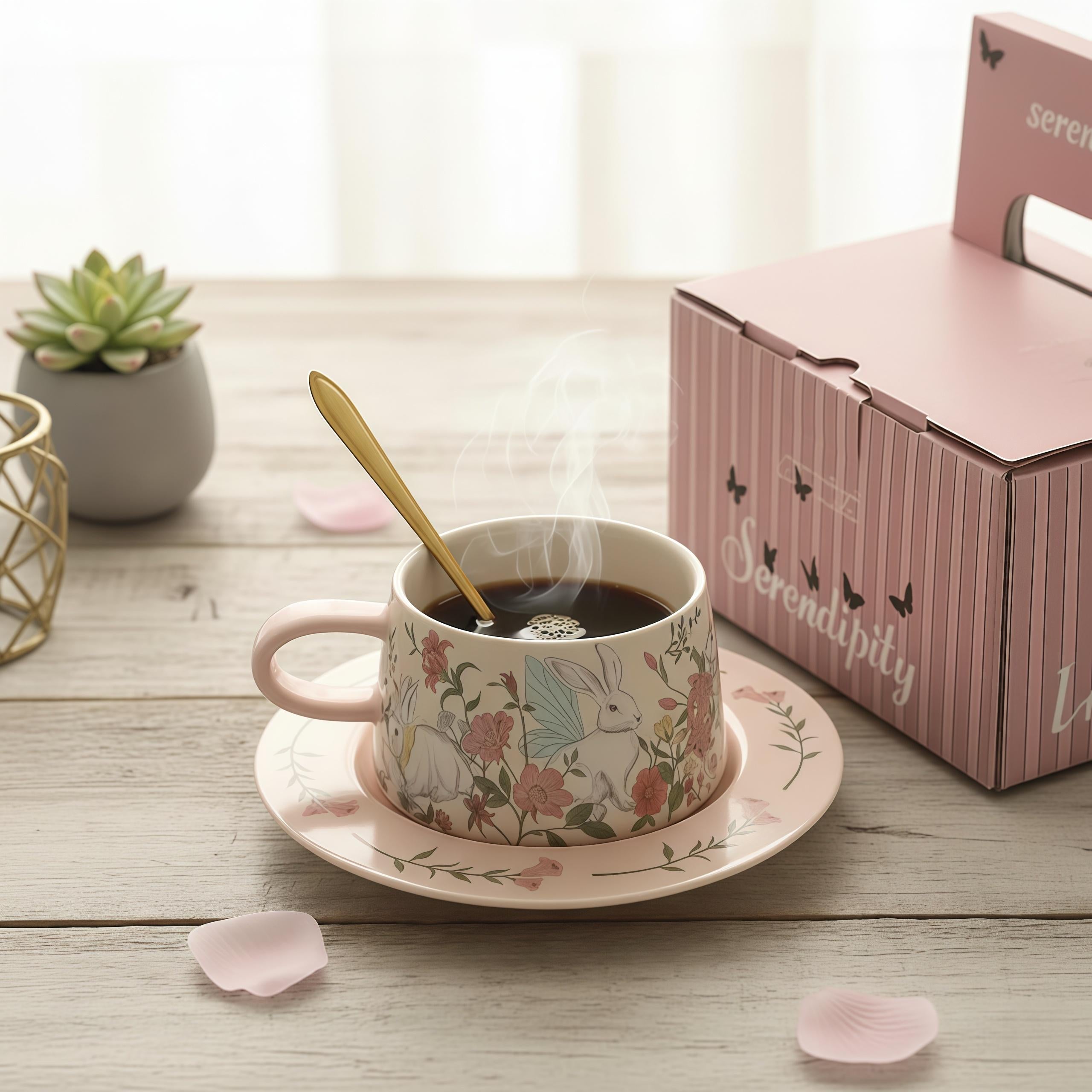 Vintage Rabbit Cup & Saucer Set | Cottagecore Floral Ceramic Coffee Cup