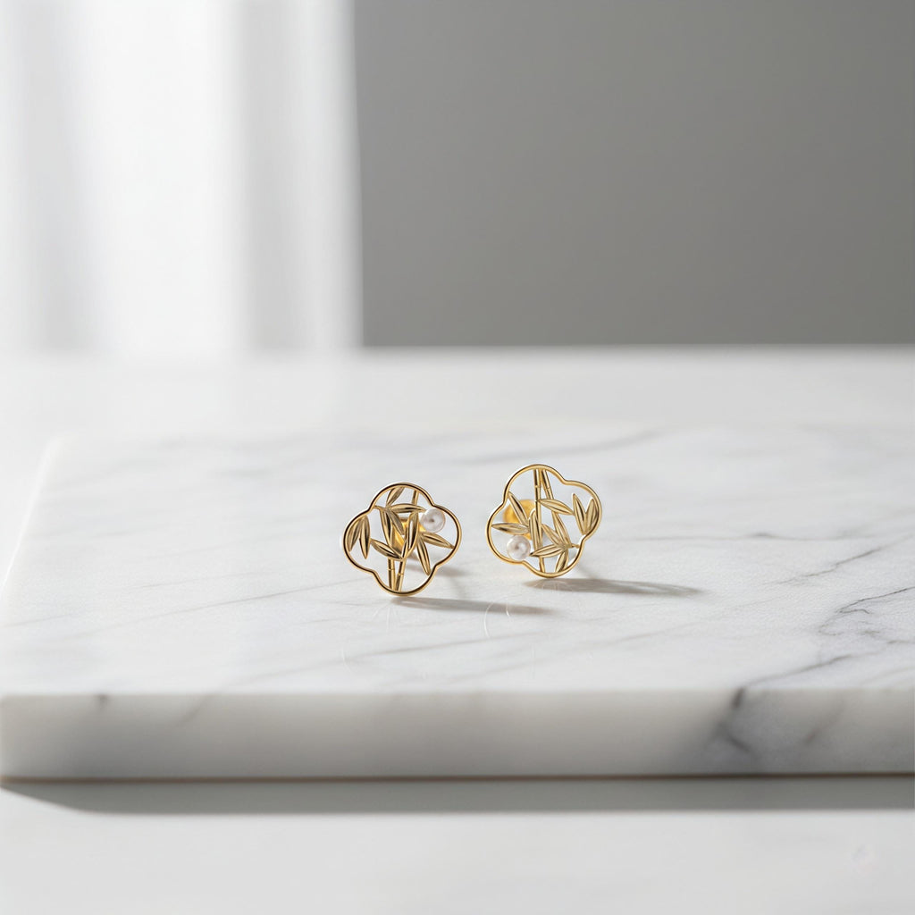 Oriental Bamboo Leaf Earrings – 18K Gold Plated Pearl Stud Earrings