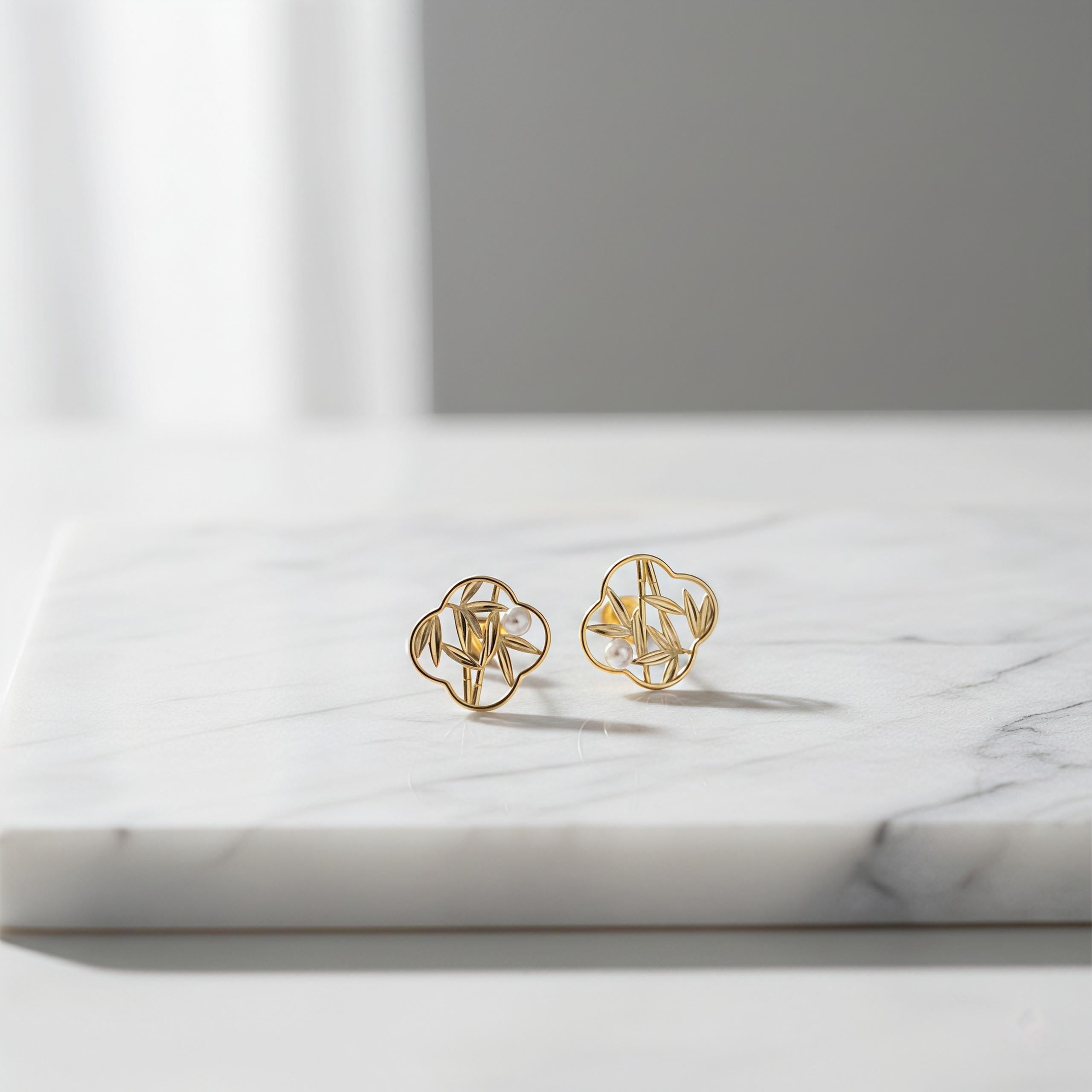 Oriental Bamboo Leaf Earrings – 18K Gold Plated Pearl Stud Earrings