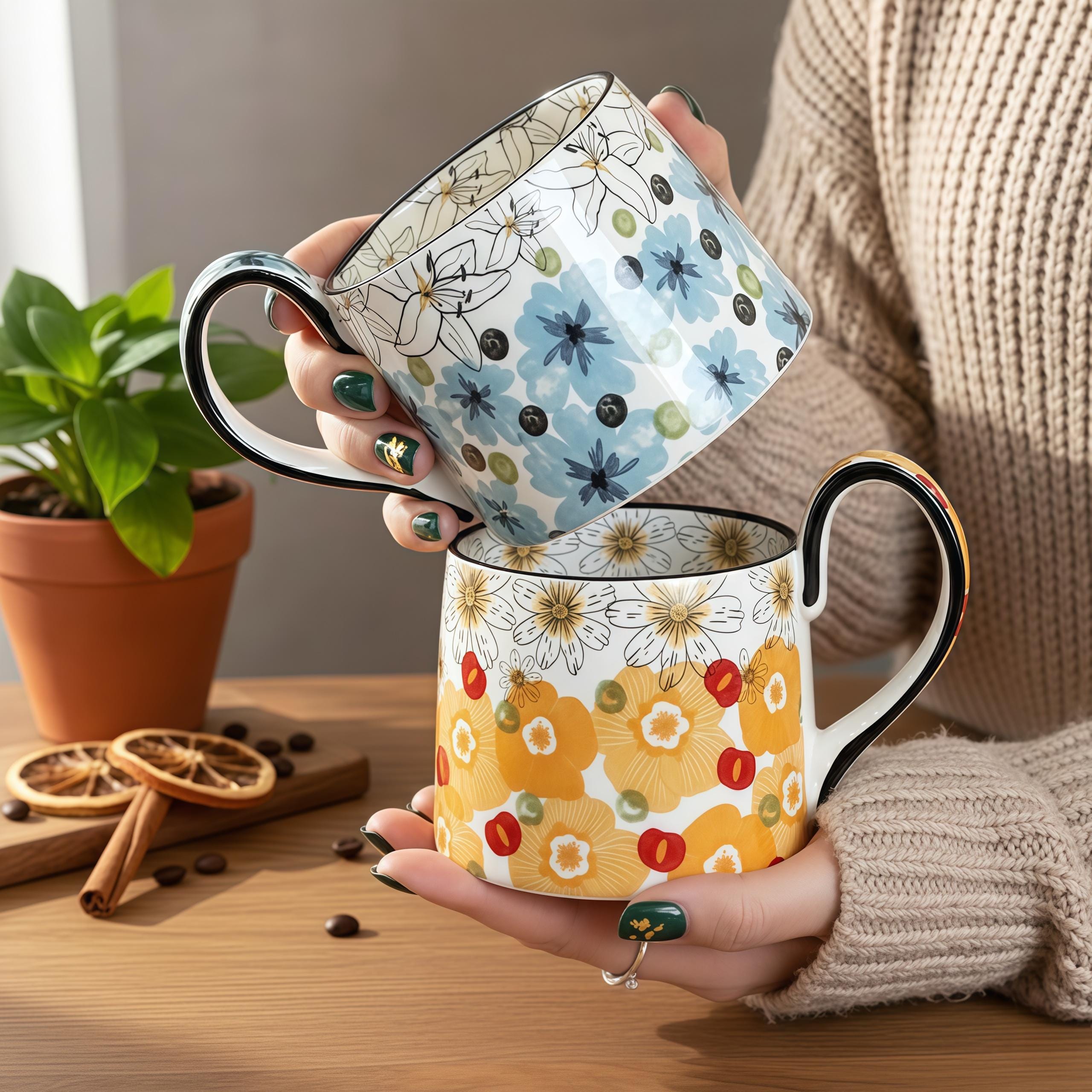 Retro Flower Ceramic Mug | 14oz Vintage Daisy Coffee Cup