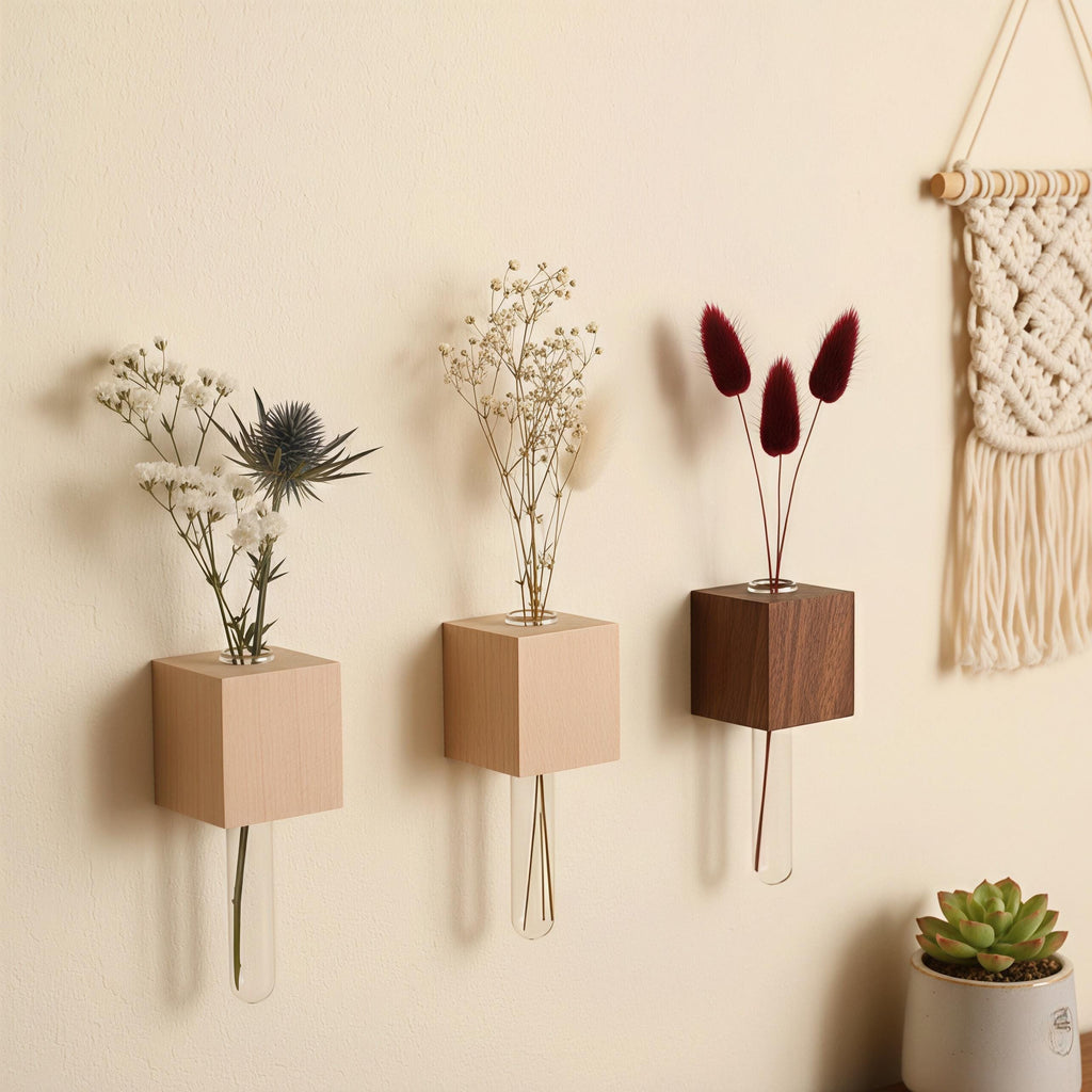 Minimalist Wood Propagation Tube | Magnetic and Adhesive Plant Holder | Walnut & Beech Bud Vase