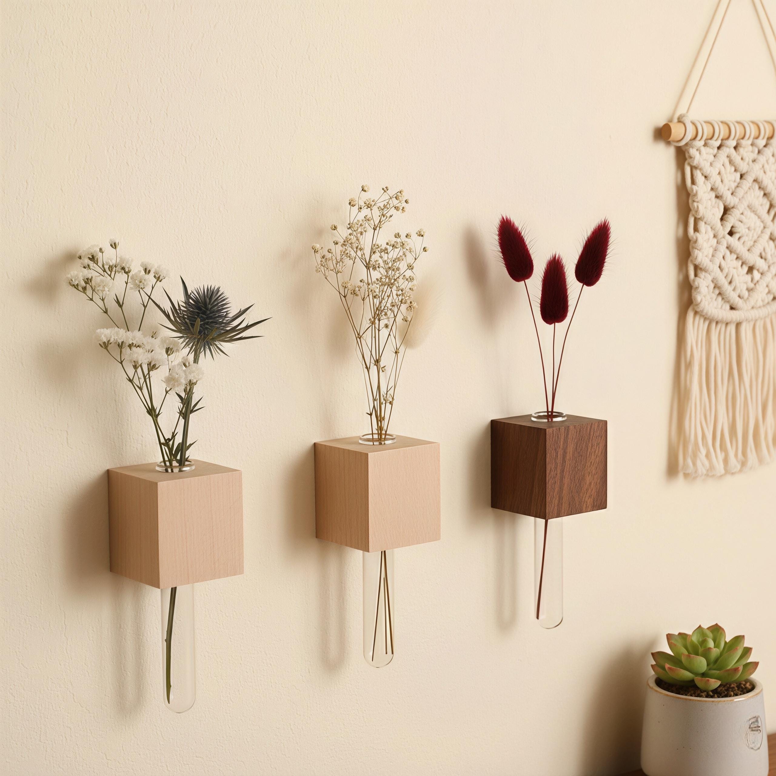 Minimalist Wood Propagation Tube | Magnetic and Adhesive Plant Holder | Walnut & Beech Bud Vase