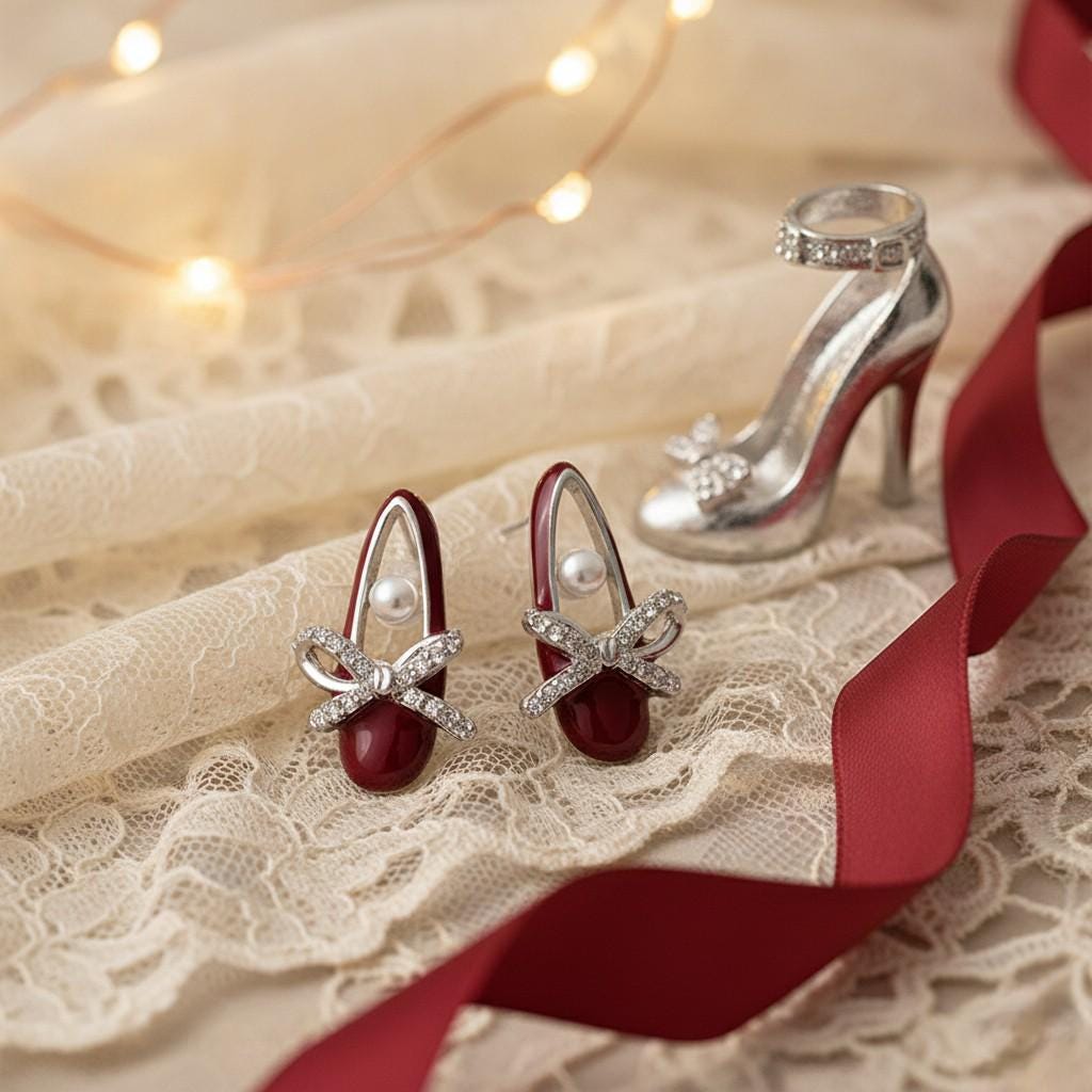 Red High Heel Earrings – Fairy Tale Princess Shoe Earrings with Pearl & CZ