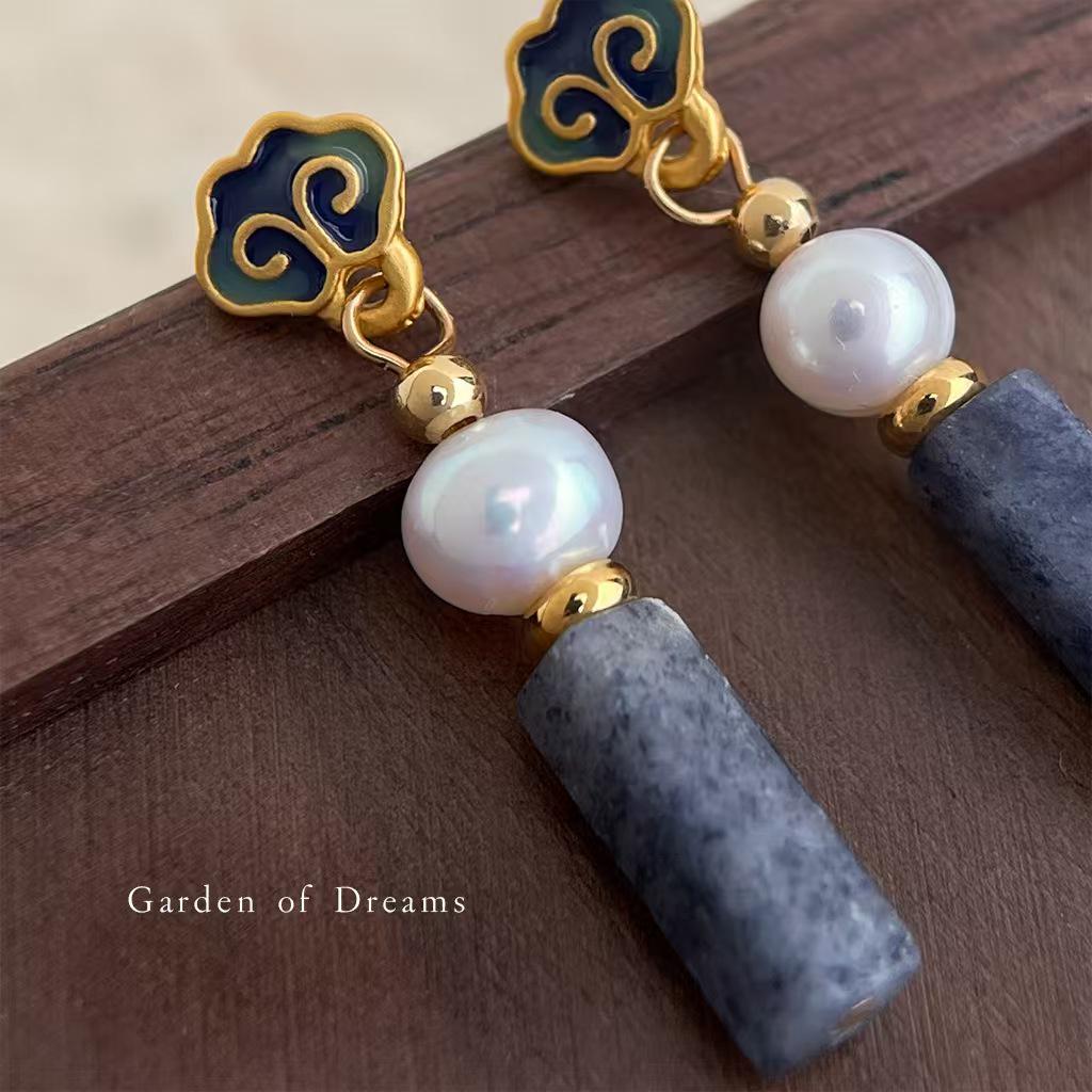 Cloisonné Enamel Earrings – Handmade Pearl & Blue Jasper Earrings
