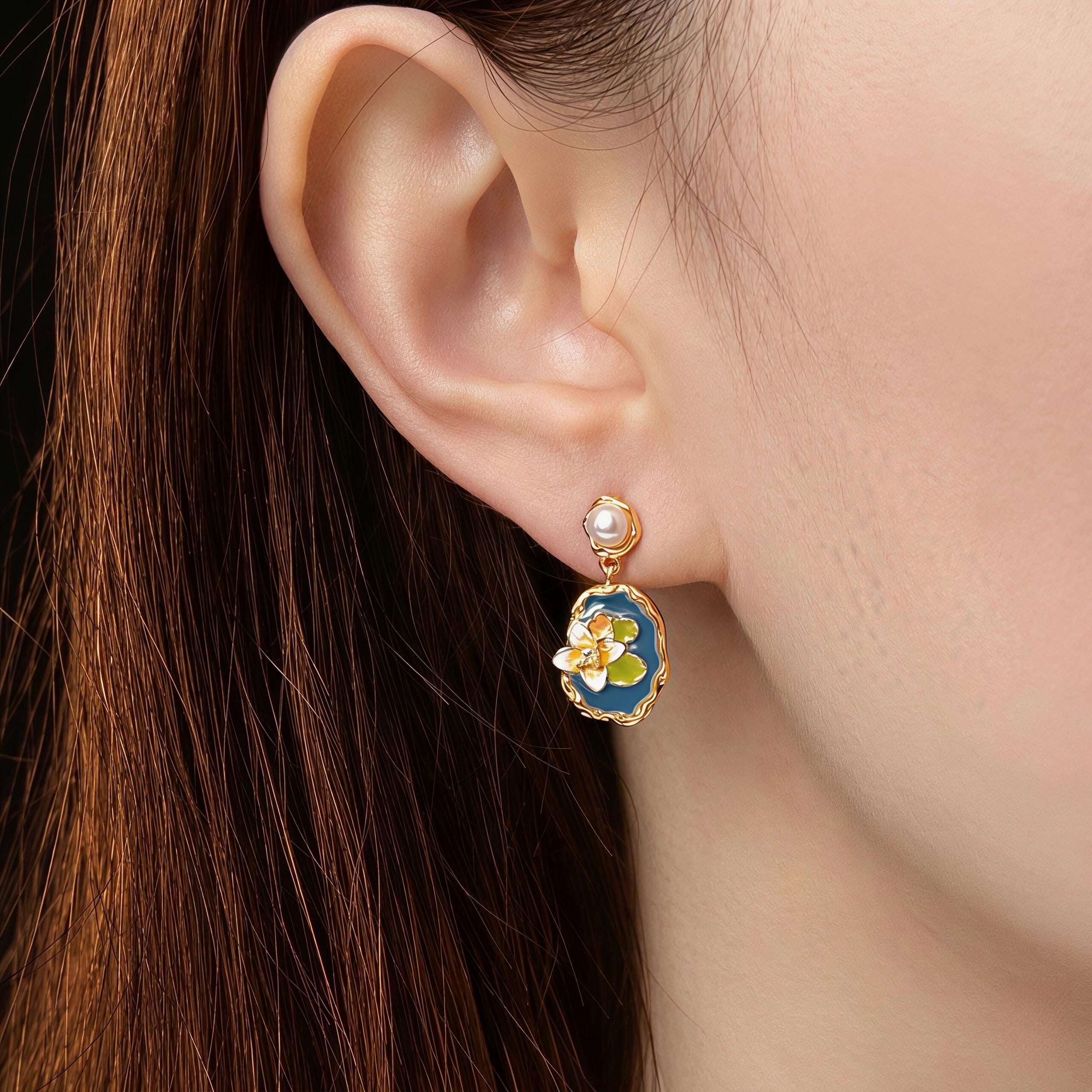 Monet Lotus Earrings – Enamel Floral Art Jewelry with Freshwater Pearl