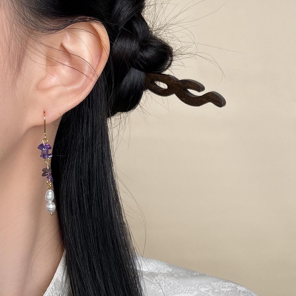 Lavender Garden Earrings – Raw Amethyst & Freshwater Pearl Long Dangle Earrings