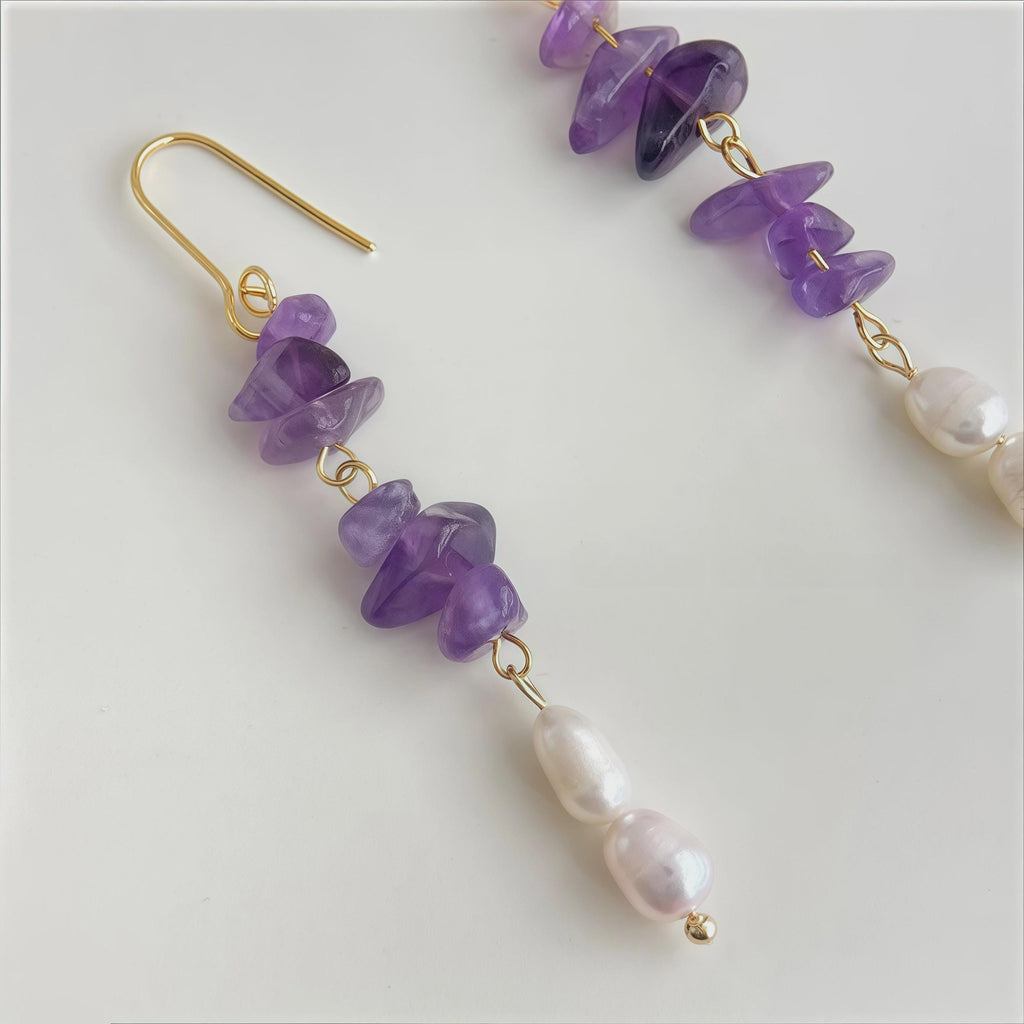 Lavender Garden Earrings – Raw Amethyst & Freshwater Pearl Long Dangle Earrings