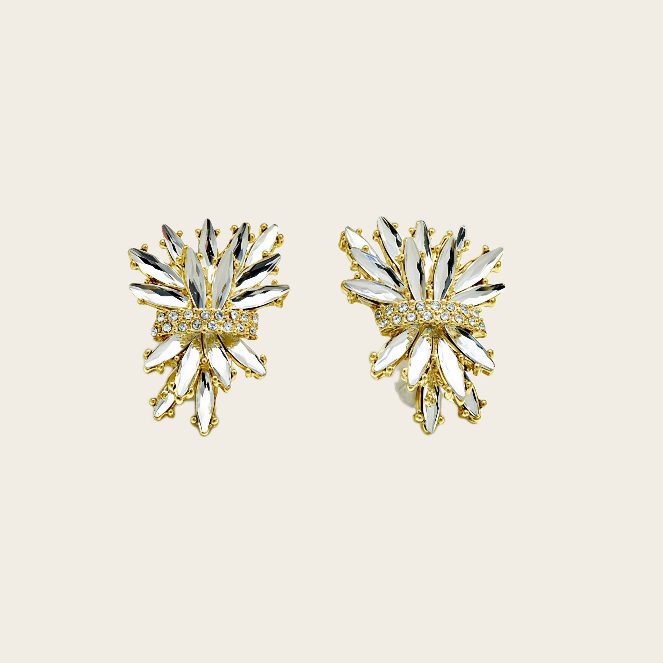 French Vintage Crystal Flower Earrings – Champagne & Clear Ice Bloom Statement Studs