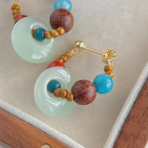 Handmade aquamarine and red agate dangle earrings with Burmese rosewood and sterling silver hooks