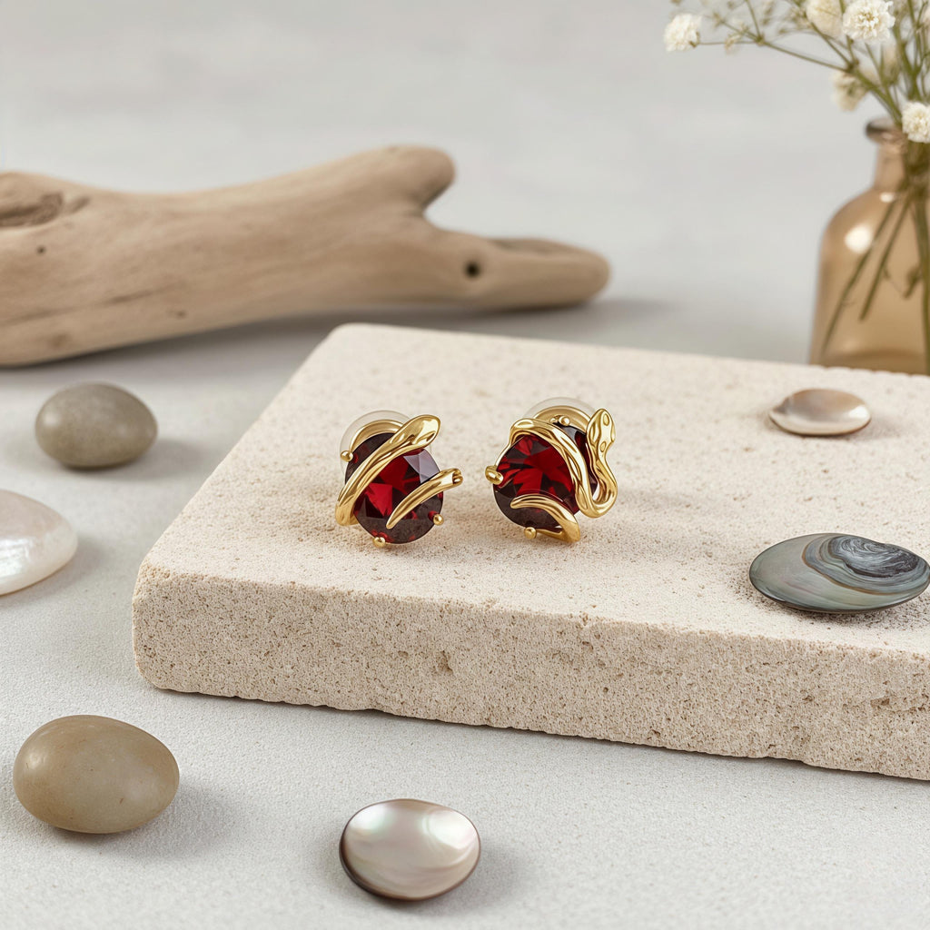 Vintage Snake Stud Earrings with Claret Red Zircon – 18K Gold Plated Serpent Jewelry