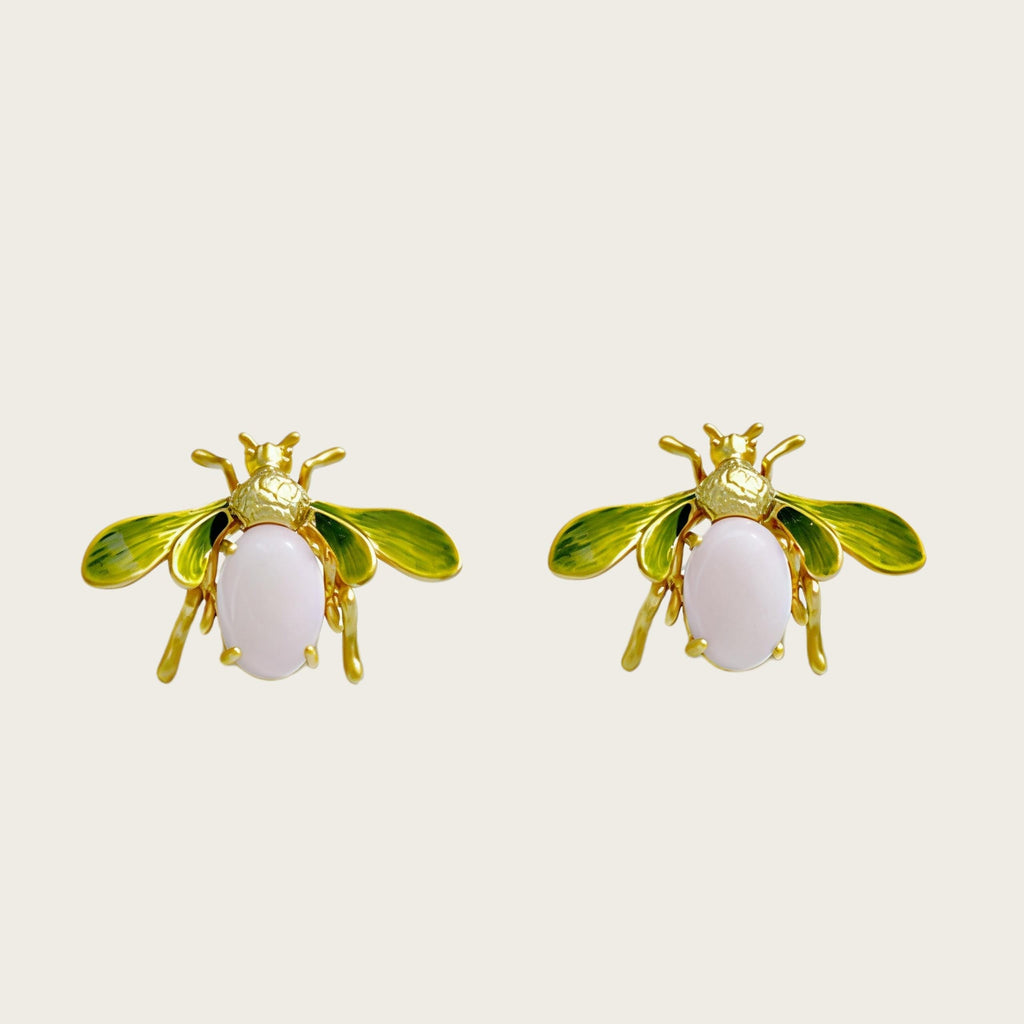 Vintage French Bee Enamel Earrings – Pink & Ivory Glass Statement Stud Earrings