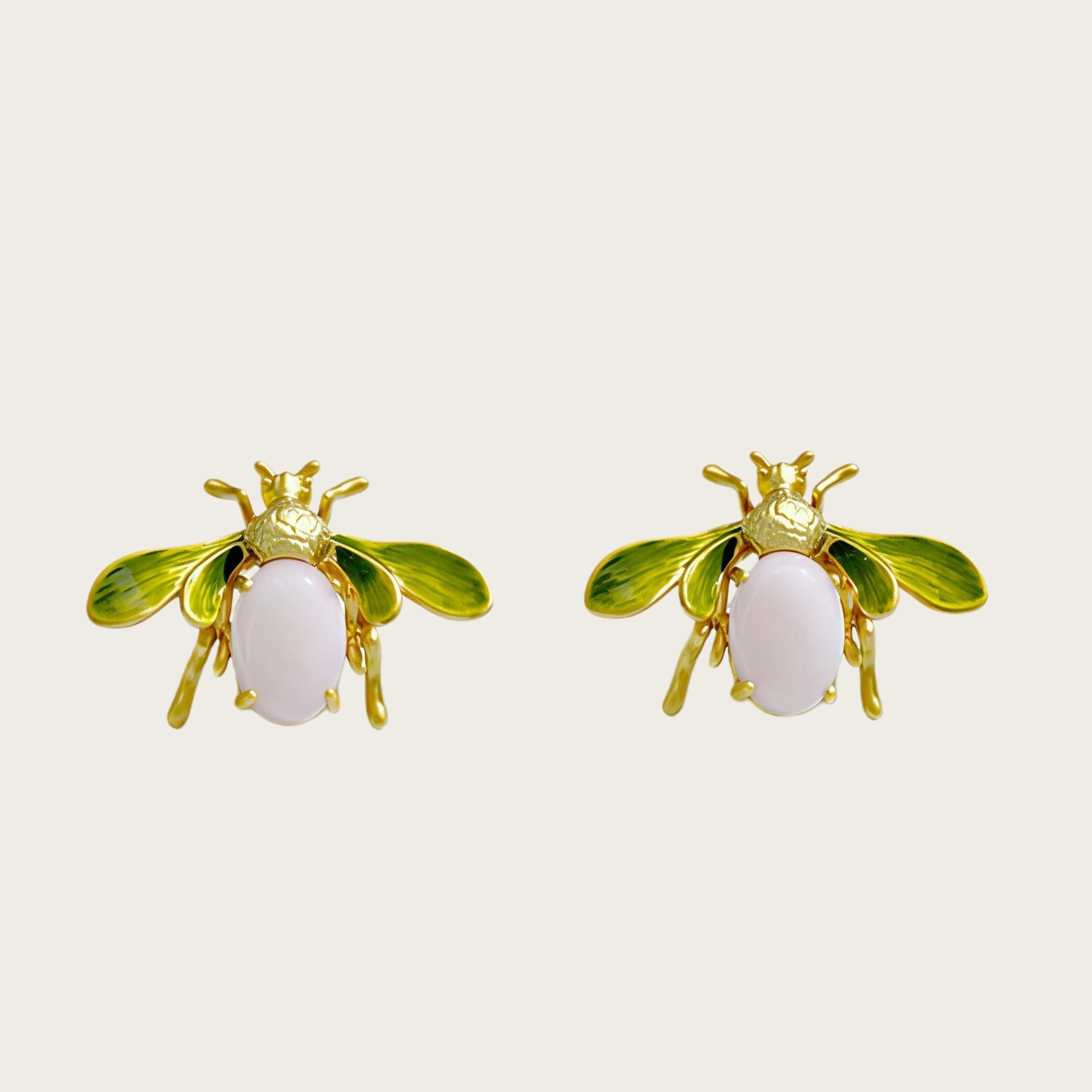 Vintage French Bee Enamel Earrings – Pink & Ivory Glass Statement Stud Earrings