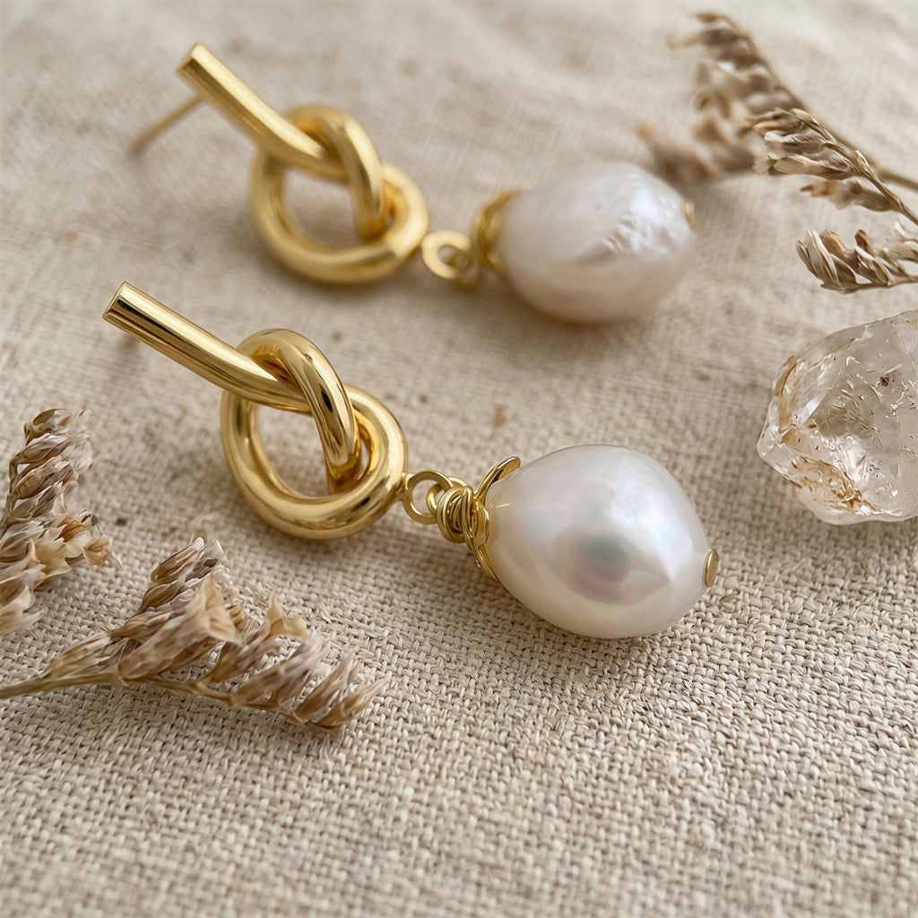 Minimalist Pearl Drop Earrings – Gold Knot Studs with Freshwater Pearl