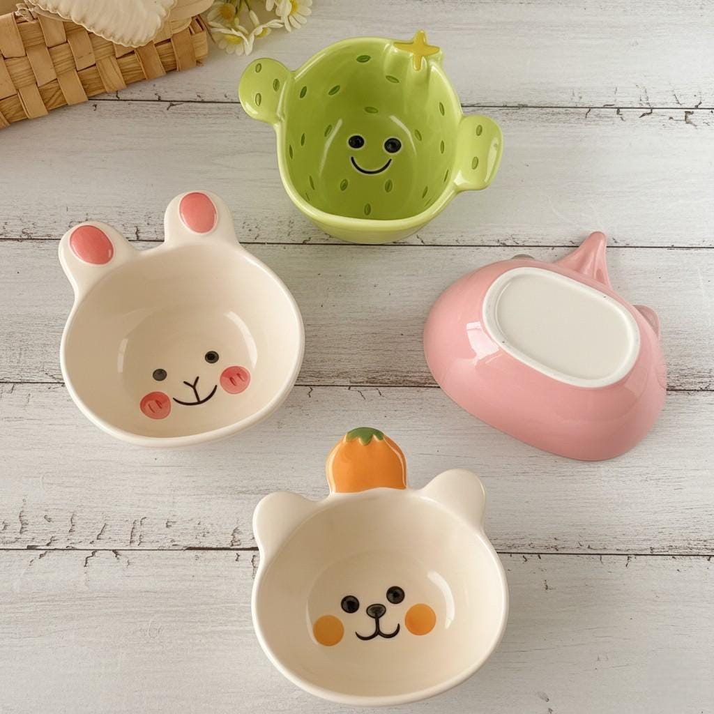 Kawaii Ceramic Snack Bowl | Cartoon Dipping Dish – Bear, Pig, Cactus & Bear | Home Decor Gift