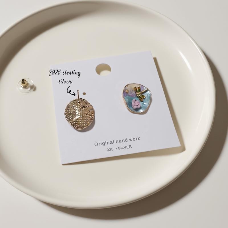 Monet Dragonfly Enamel Earrings – Impressionist Dragonfly & Ceramic Rose Earrings