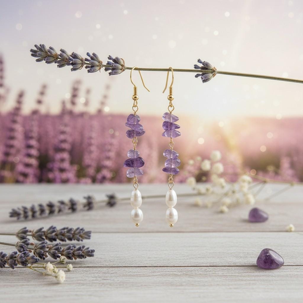 Lavender Garden Earrings – Raw Amethyst & Freshwater Pearl Long Dangle Earrings
