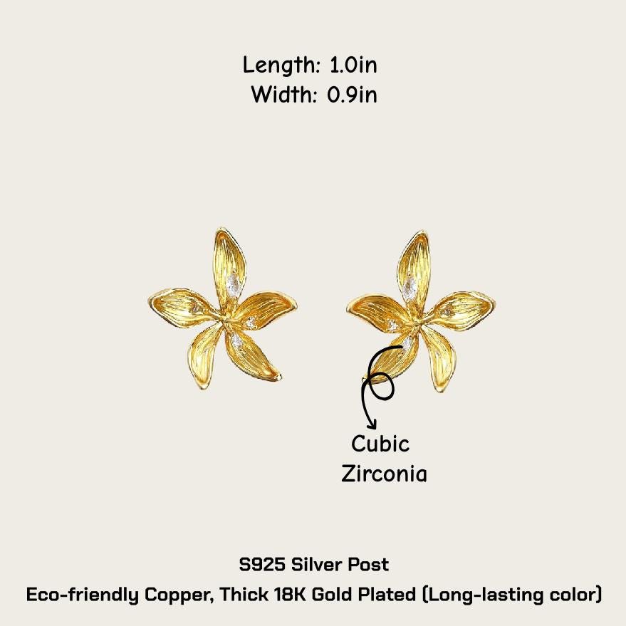 Morning Bloom Gold Flower Stud Earrings – 18K Gold Plated Floral Earrings, CZ Dew Drop Earrings