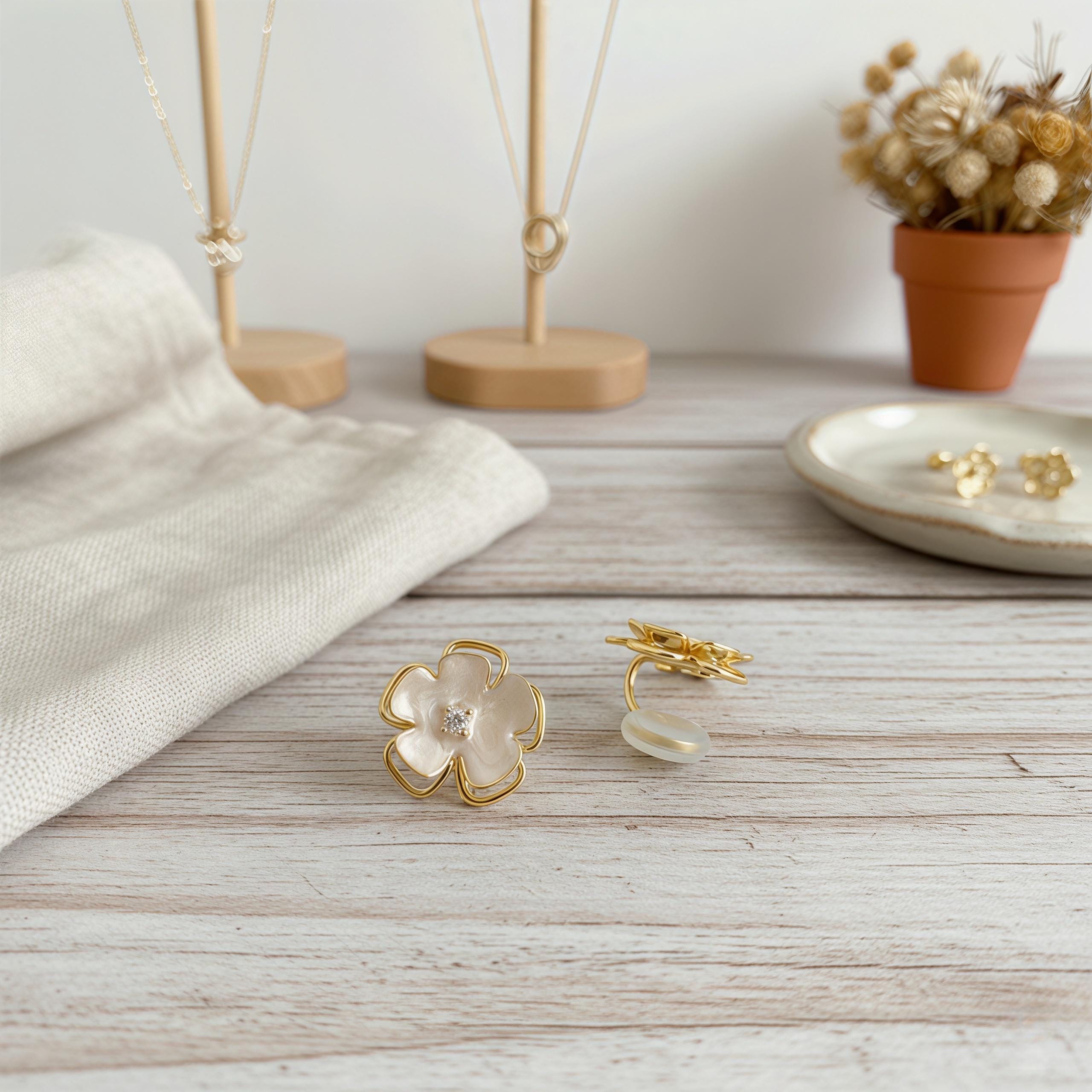 Elegant White Enamel Camellia Earrings – 18K Gold Plated Floral Studs with CZ