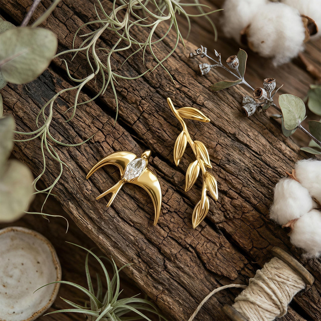 Asymmetrical Swallow & Olive Branch Earrings – 18K Gold Plated Bird Earrings with CZ