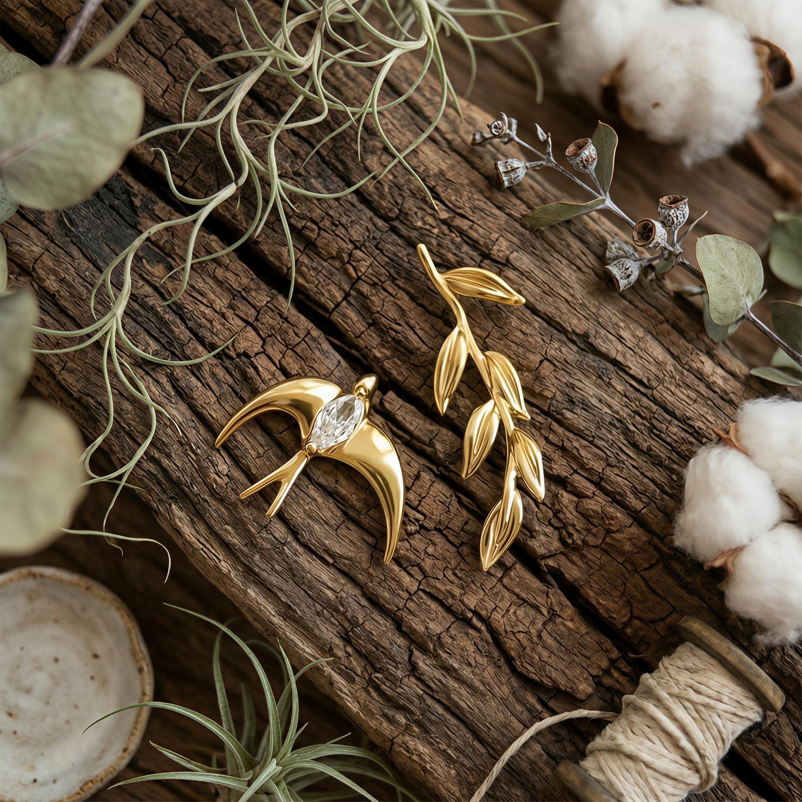 Asymmetrical Swallow & Olive Branch Earrings – 18K Gold Plated Bird Earrings with CZ