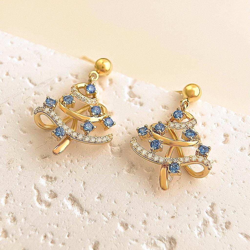 Christmas Tree Earrings – Gold Plated Holiday Earrings with Blue Zircon