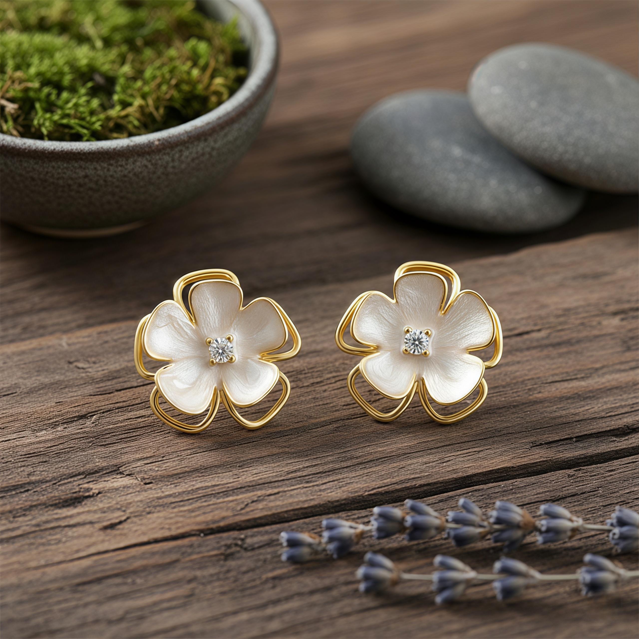 Elegant White Enamel Camellia Earrings – 18K Gold Plated Floral Studs with CZ