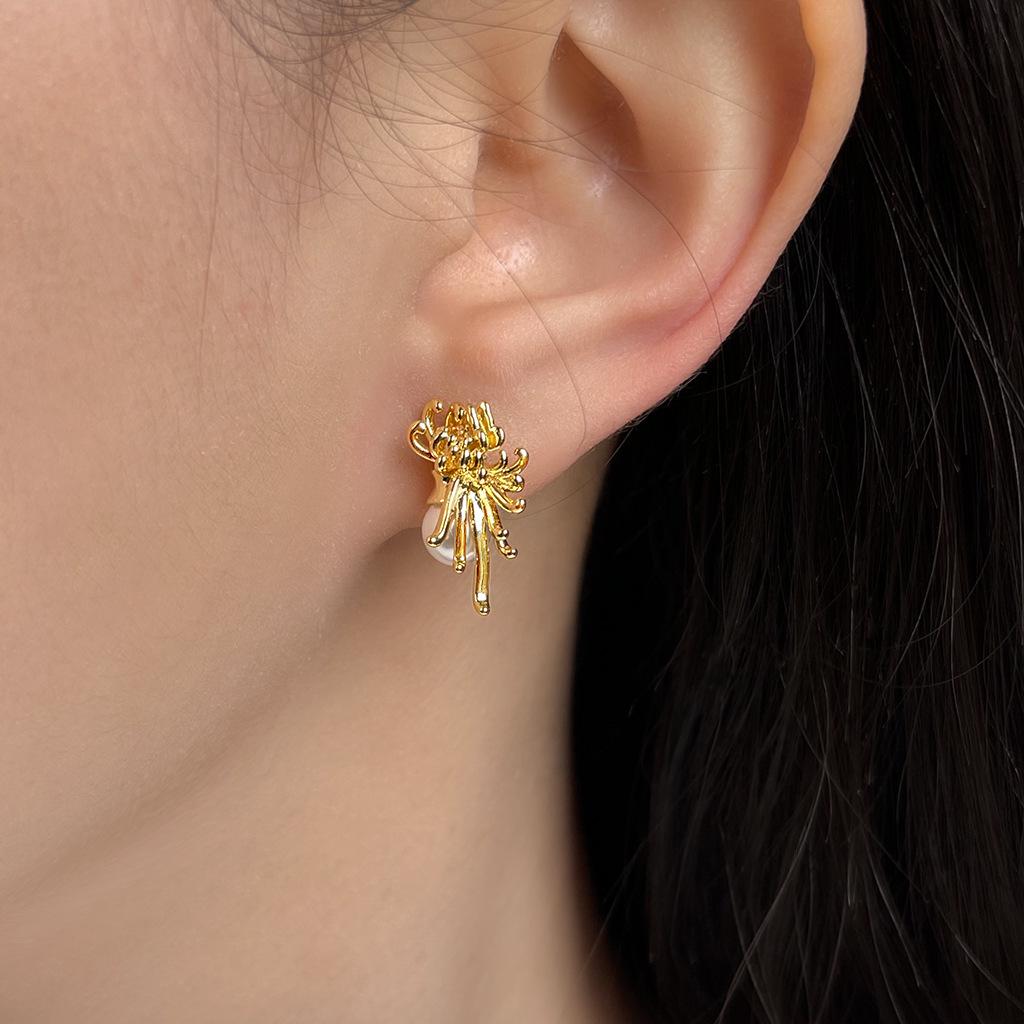 Gold Pearl Chrysanthemum Earrings – Art Nouveau Filigree Pearl Earrings