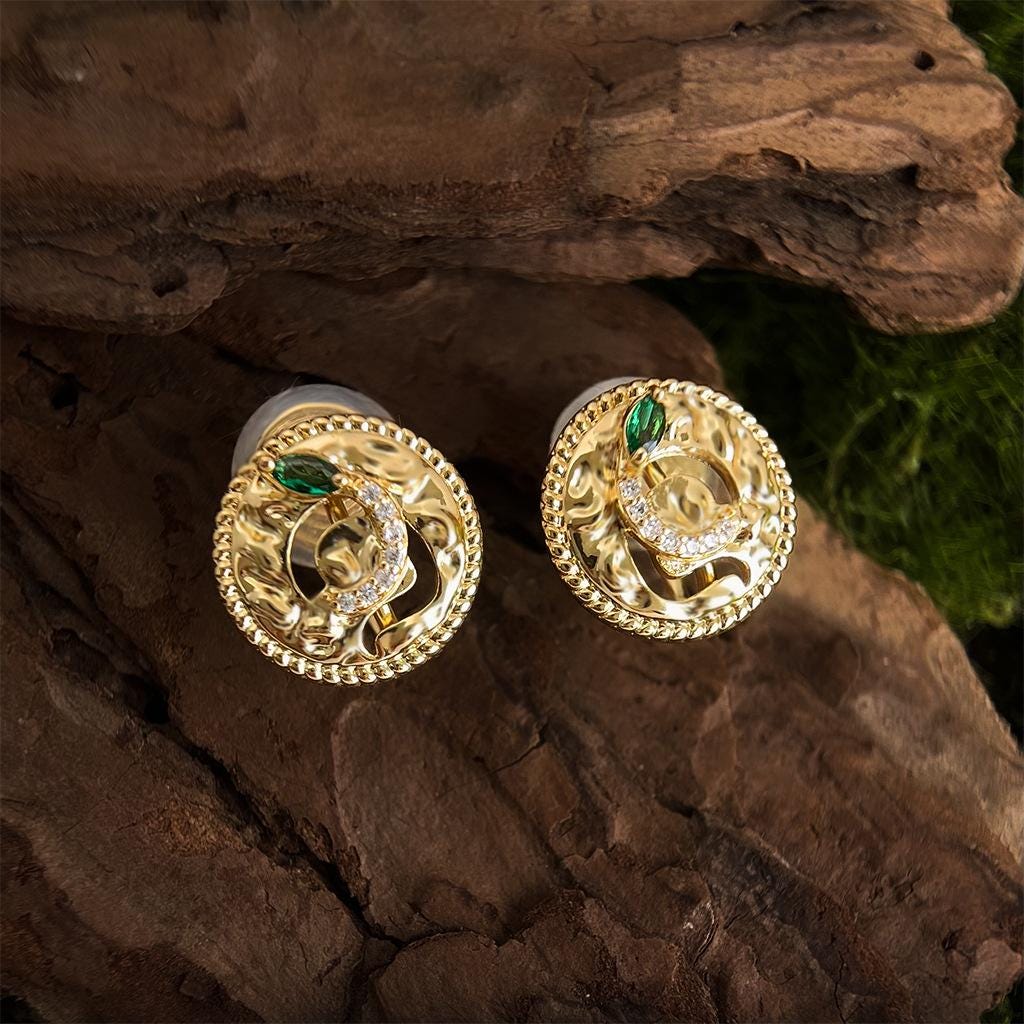 Emerald Serpent Earrings – Gold Plated Snake Earrings with Green Zircon