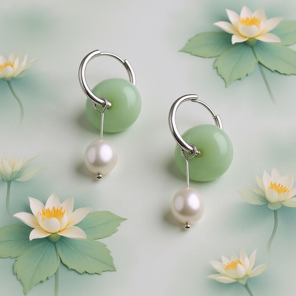 Lotus Mist Earrings – Handmade Green Glass & Freshwater Pearl Hoop Earrings