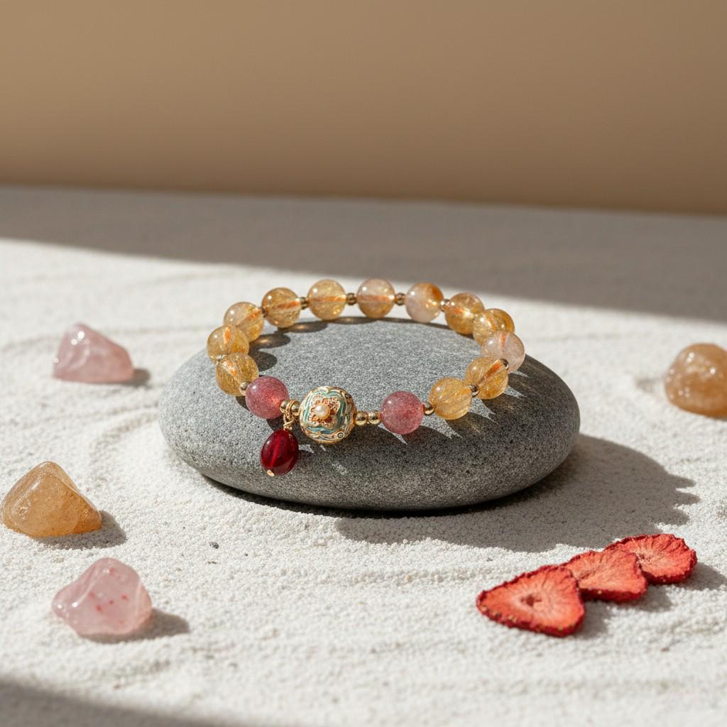 Golden Rutilated Quartz & Strawberry Quartz Bracelet - Guardian Collection | Healing Crystal Stretch